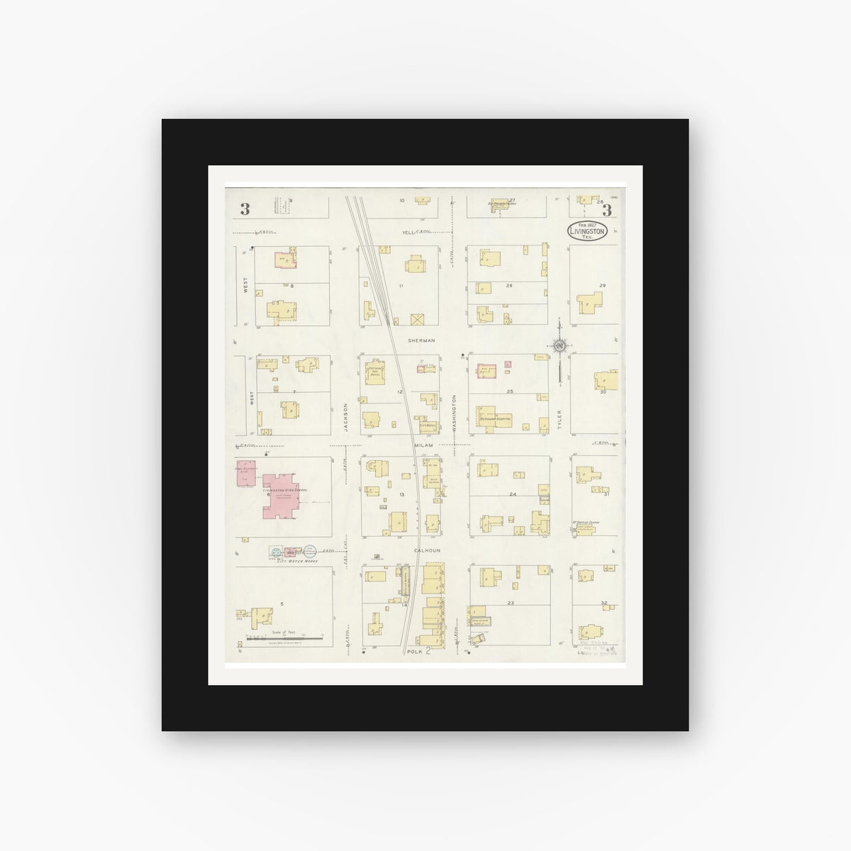 Old map wall art mockup — black gallery frame with white mat — Sanborn Fire Insurance Map from Livingston, Polk County, Texas (1927), Sheet #0003
