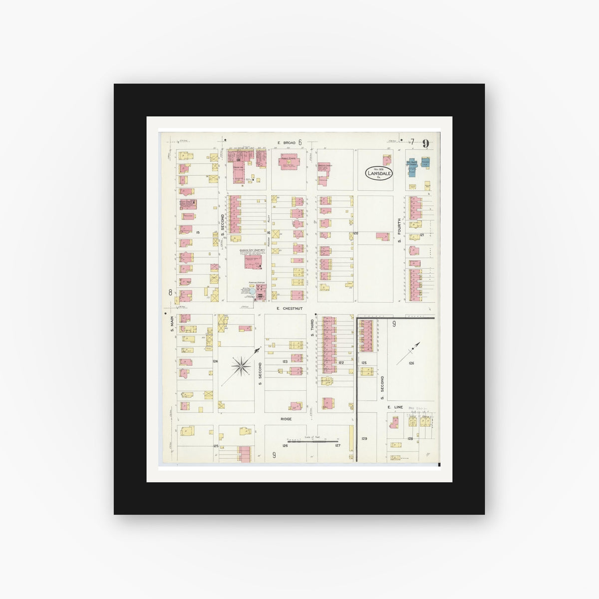 Old map wall art mockup — black gallery frame with white mat — Sanborn Fire Insurance Map from Lansdale, Montgomery County, Pennsylvania (1912), Sheet #0009