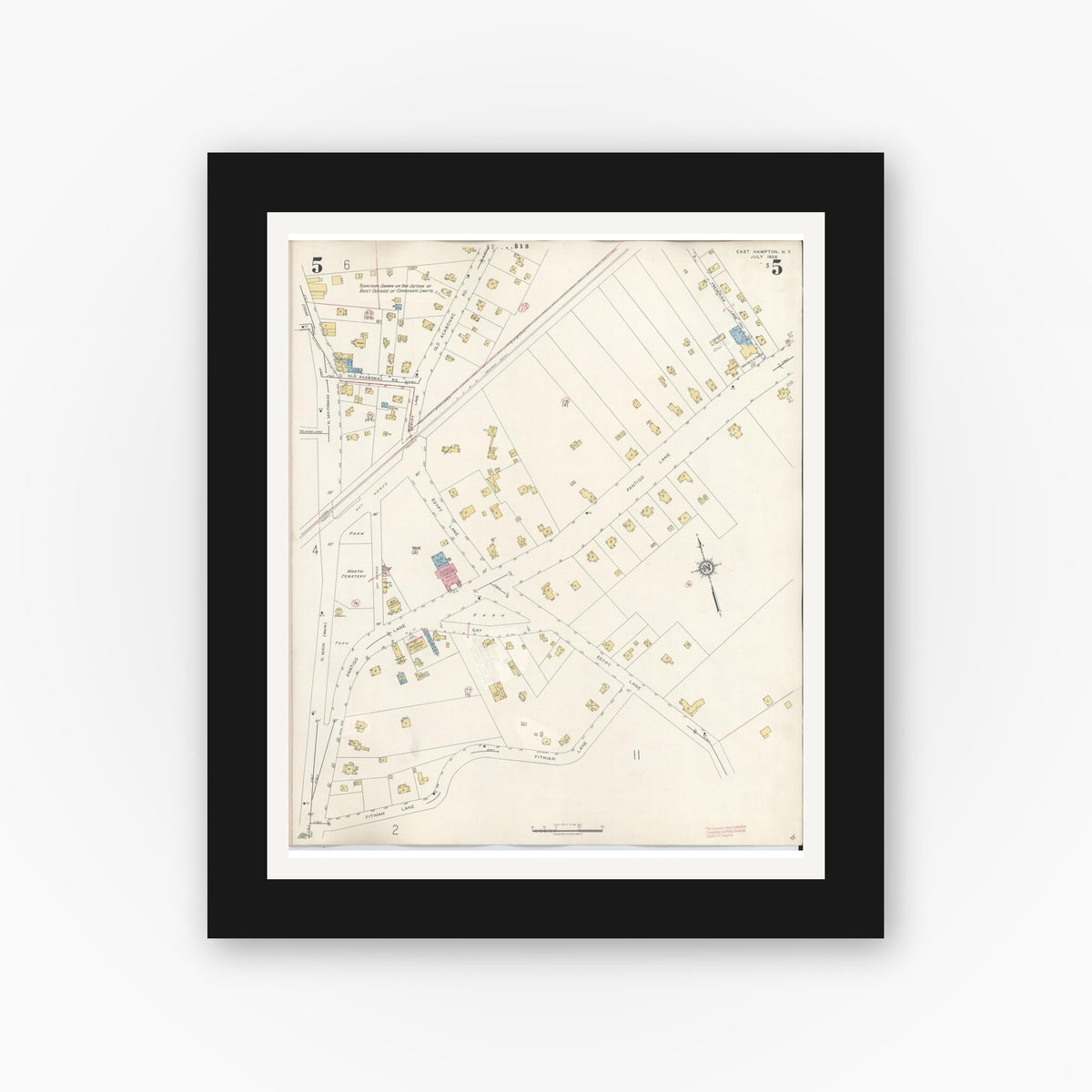 Old map wall art mockup — black gallery frame with white mat — Sanborn Fire Insurance Map from Easthampton, Suffolk County, New York (1943), Sheet #0005