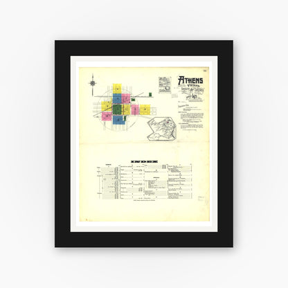 Old map wall art mockup — black gallery frame with white mat — Sanborn Fire Insurance Map from Athens, Henderson County, Texas (1921), Sheet #0001