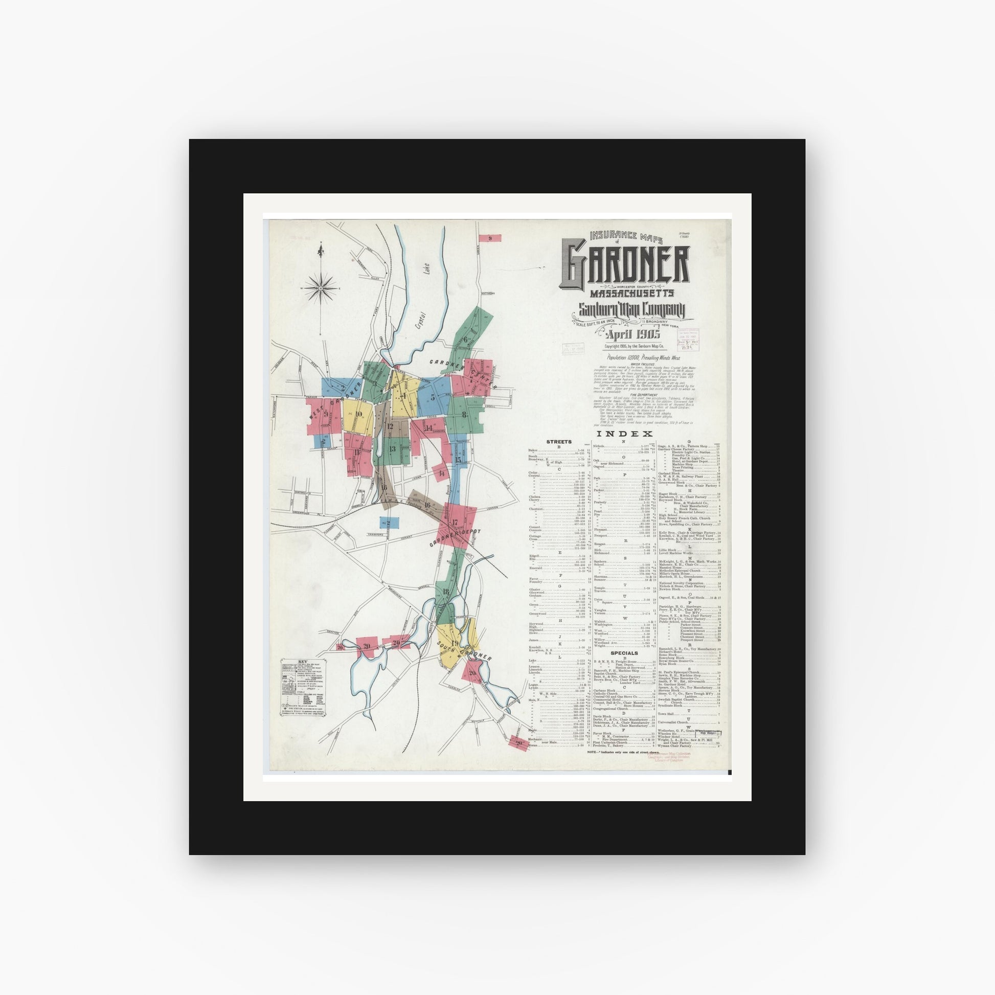 Old map wall art mockup — black gallery frame with white mat — Sanborn Fire Insurance Map from Gardner, Worcester County, Massachusetts (1905) - Complete Map Set