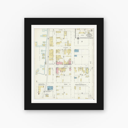 Old map wall art mockup — black gallery frame with white mat — Sanborn Fire Insurance Map from Eustis, Lake County, Florida (1912), Sheet #0003