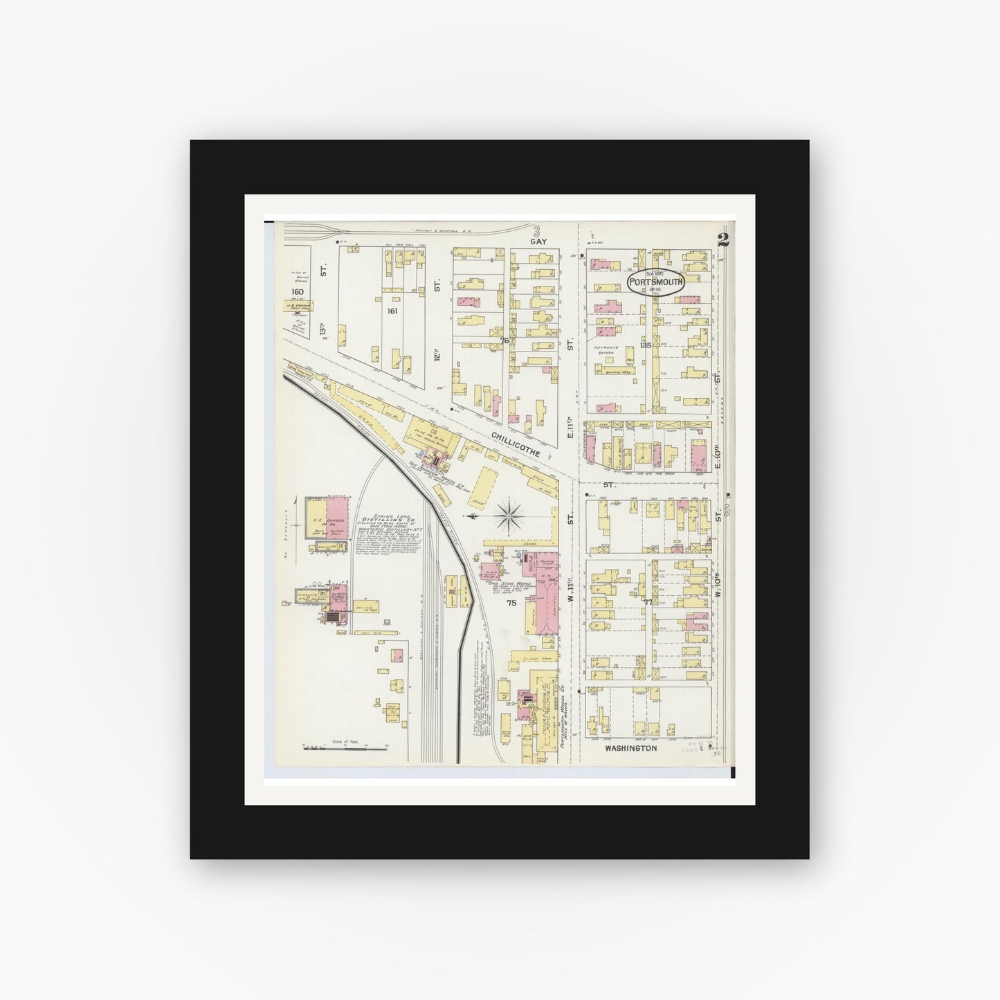 Old map wall art mockup — black gallery frame with white mat — Sanborn Fire Insurance Map from Portsmouth, Scioto County, Ohio (1892), Sheet #0002