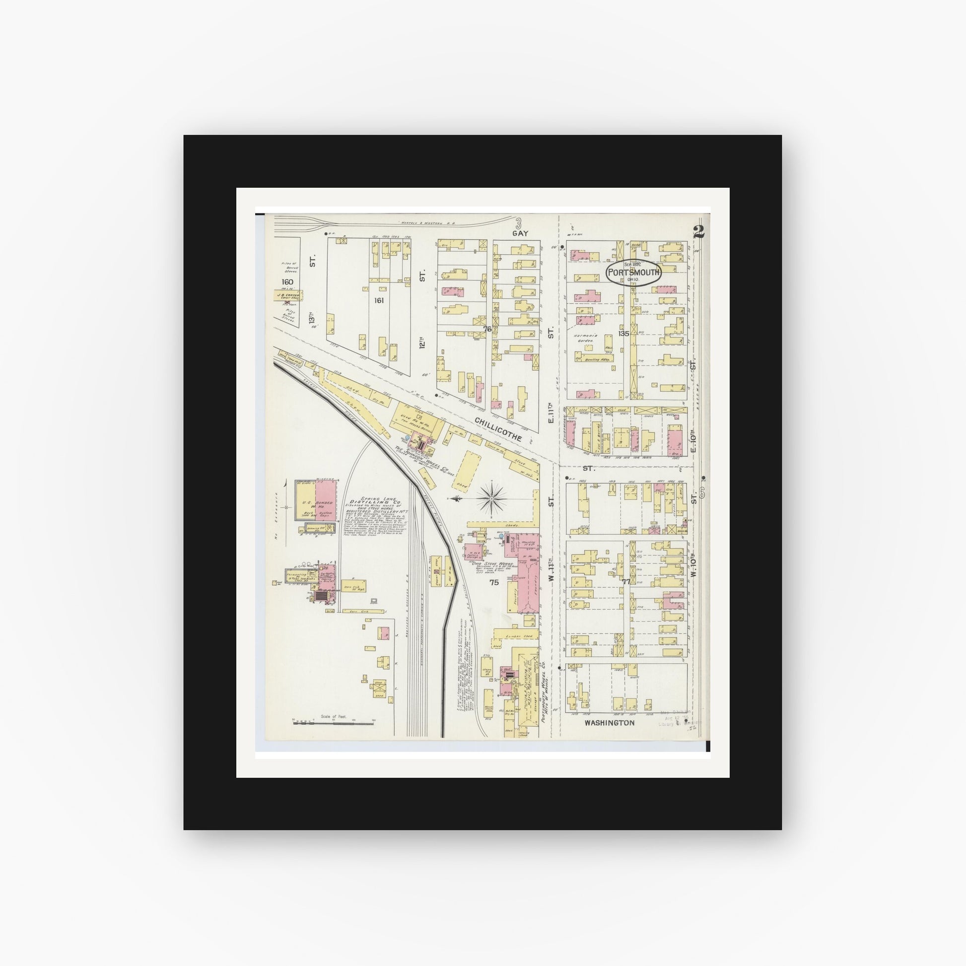 Old map wall art mockup — black gallery frame with white mat — Sanborn Fire Insurance Map from Portsmouth, Scioto County, Ohio (1892), Sheet #0002
