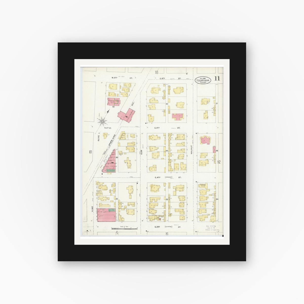 Old map wall art mockup — black gallery frame with white mat — Sanborn Fire Insurance Map from Texarkana, Bowie County, Texas (1905), Sheet #0011