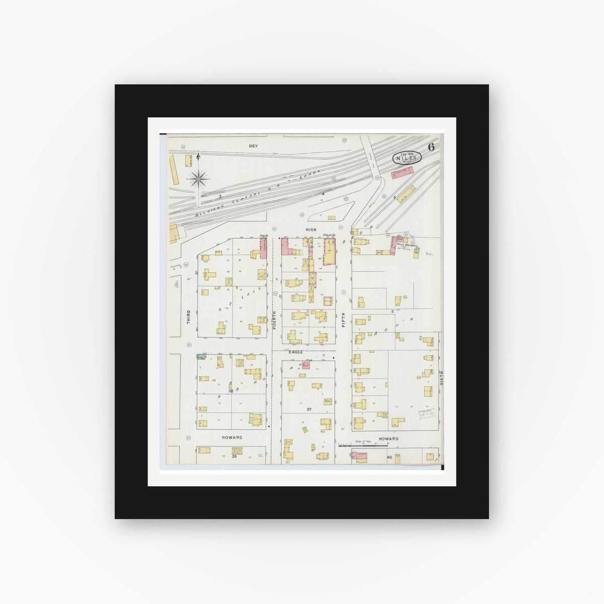 Old map wall art mockup — black gallery frame with white mat — Sanborn Fire Insurance Map from Niles, Berrien County, Michigan (1895), Sheet #0006