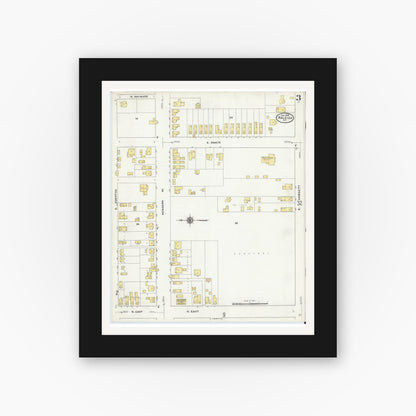Old map wall art mockup — black gallery frame with white mat — Sanborn Fire Insurance Map from Raleigh, Wake County, North Carolina (1909), Sheet #0003