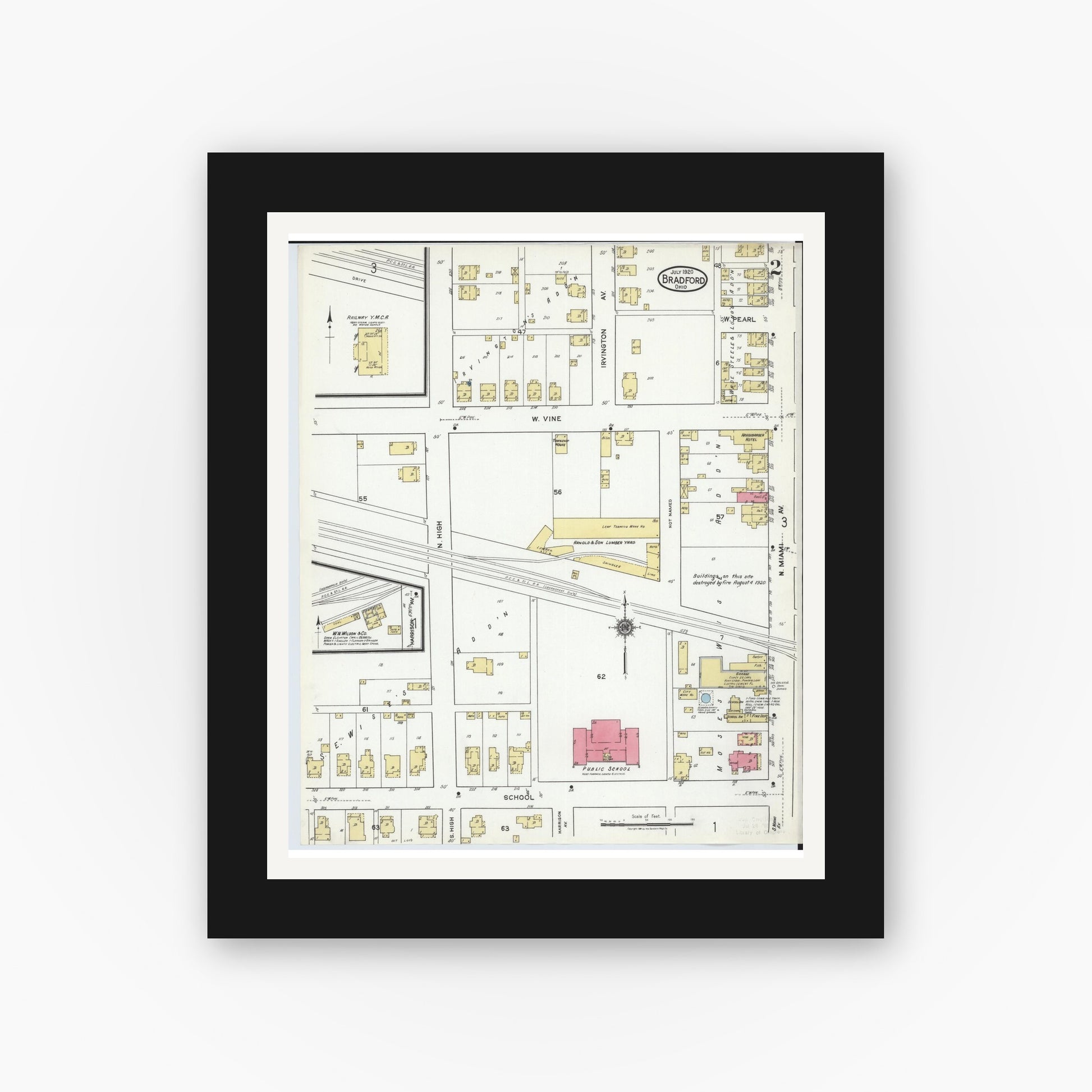 Old map wall art mockup — black gallery frame with white mat — Sanborn Fire Insurance Map from Bradford, Darke and Miami Counties, Ohio (1920), Sheet #0002