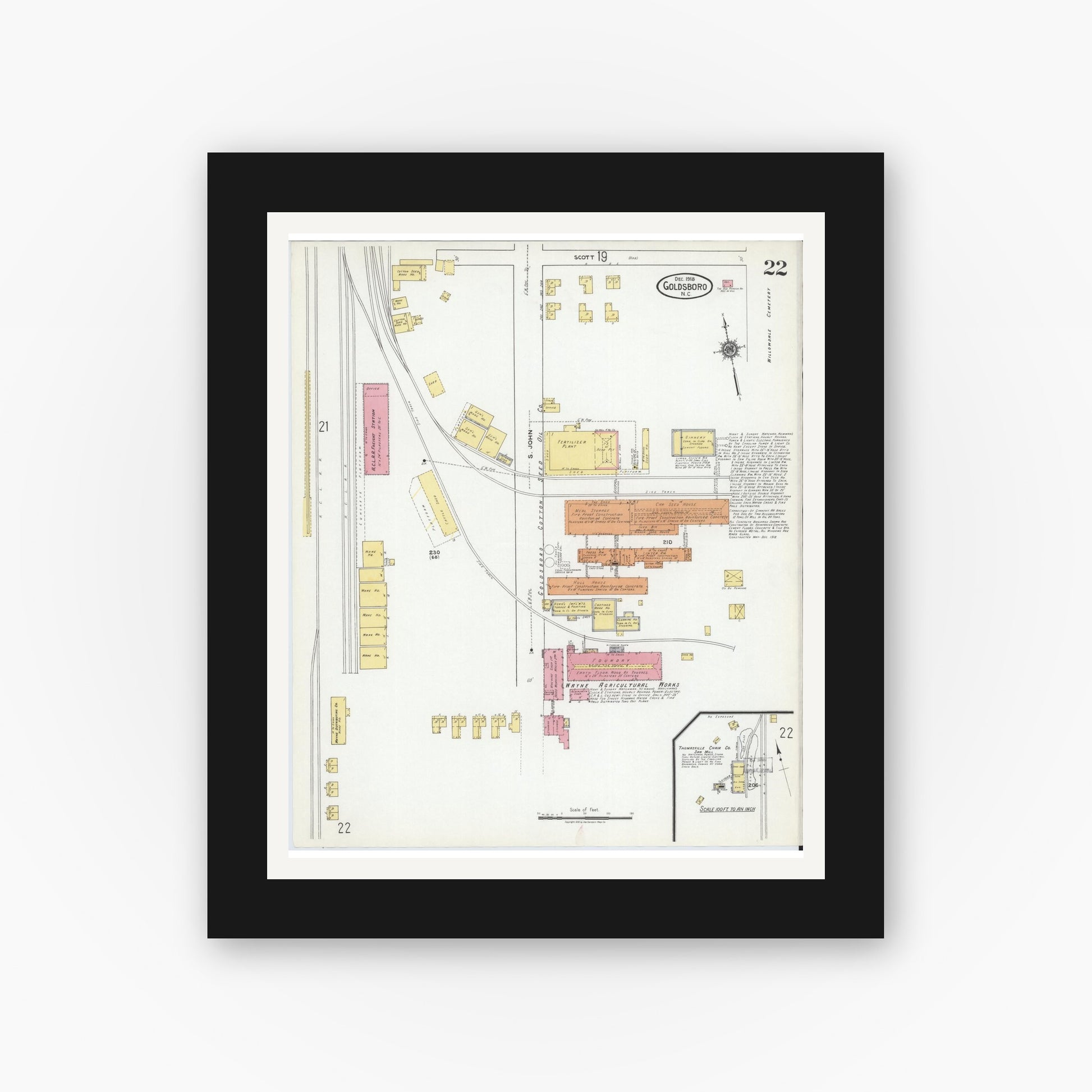 Old map wall art mockup — black gallery frame with white mat — Sanborn Fire Insurance Map from Goldsboro, Wayne County, North Carolina (1918), Sheet #0022