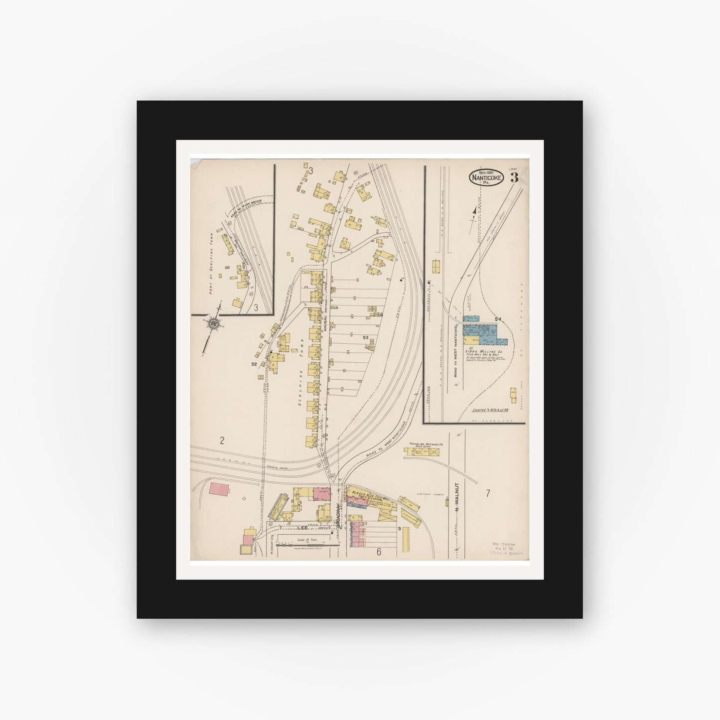 Old map wall art mockup — black gallery frame with white mat — Sanborn Fire Insurance Map from Nanticoke, Luzerne County, Pennsylvania (1920), Sheet #0003