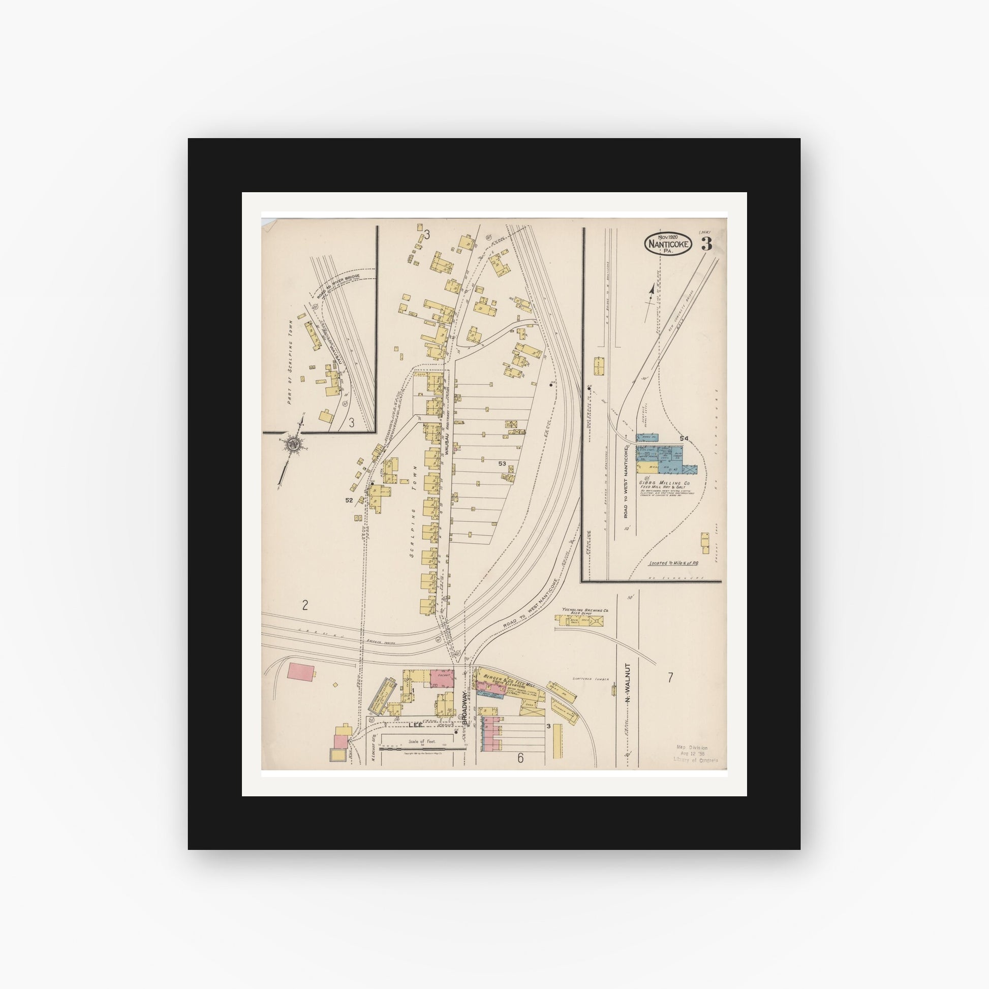 Old map wall art mockup — black gallery frame with white mat — Sanborn Fire Insurance Map from Nanticoke, Luzerne County, Pennsylvania (1920), Sheet #0003