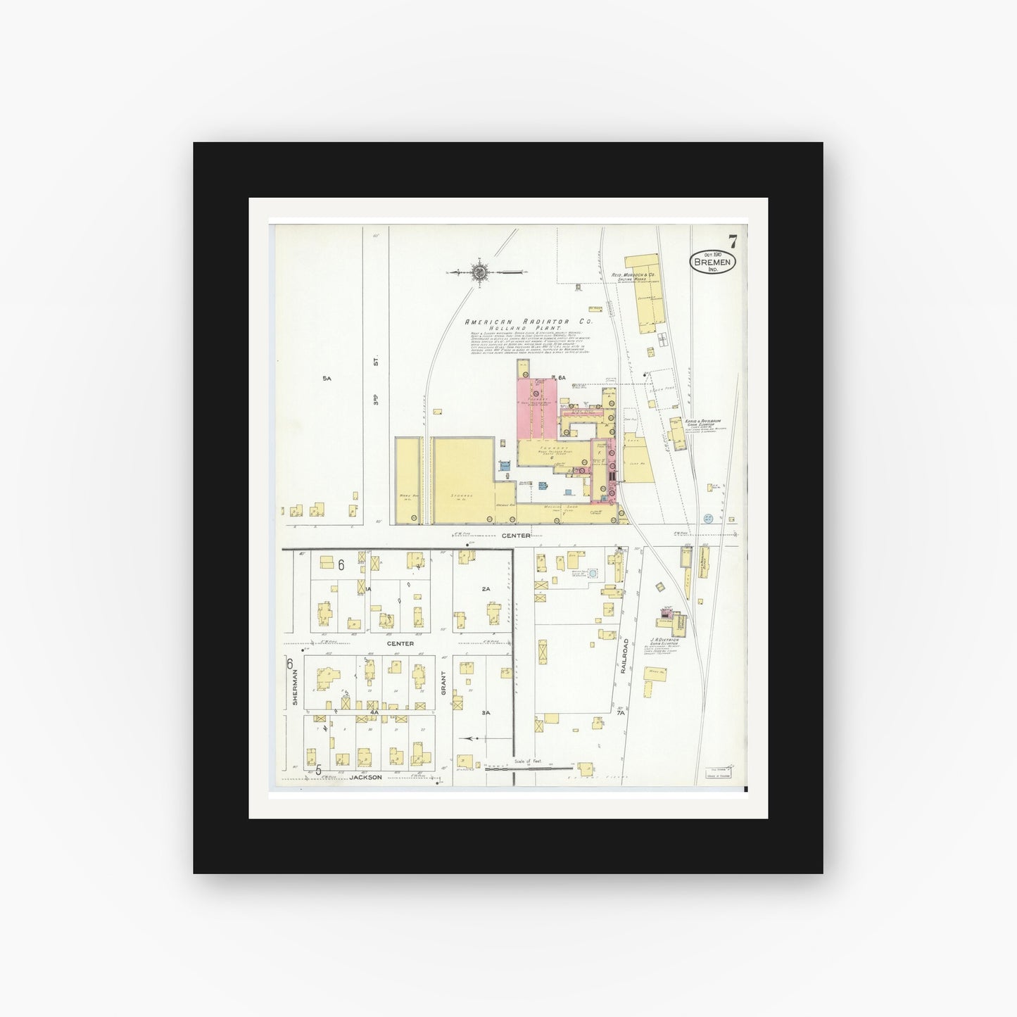 Old map wall art mockup — black gallery frame with white mat — Sanborn Fire Insurance Map from Bremen, Marshall County, Indiana (1910), Sheet #0007
