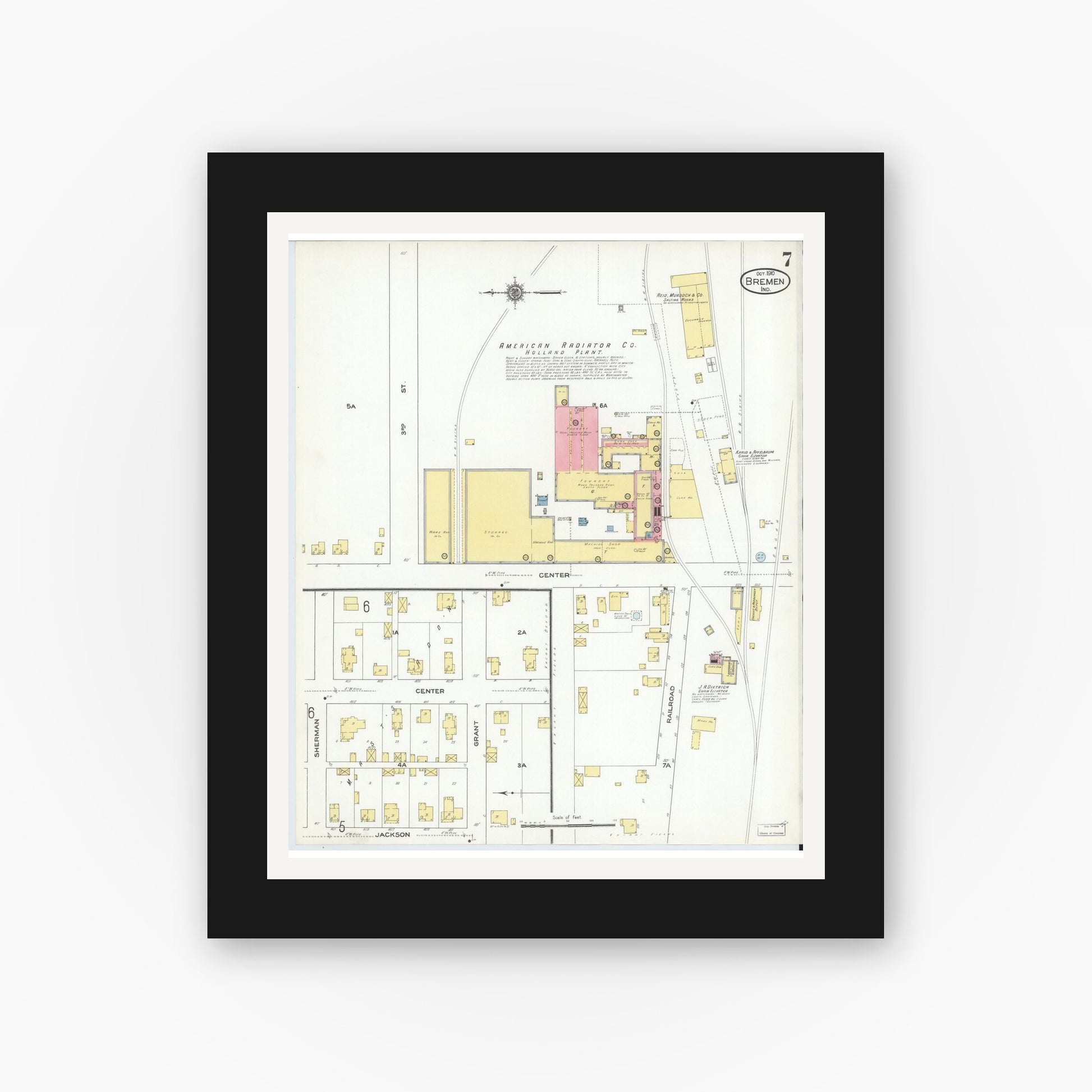 Old map wall art mockup — black gallery frame with white mat — Sanborn Fire Insurance Map from Bremen, Marshall County, Indiana (1910), Sheet #0007