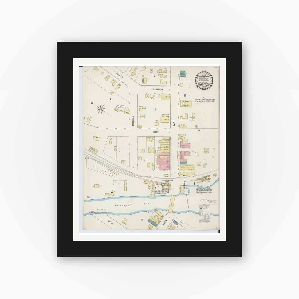 Old map wall art mockup — black gallery frame with white mat — Sanborn Fire Insurance Map from Middleville, Barry County, Michigan (1893), Sheet #0001