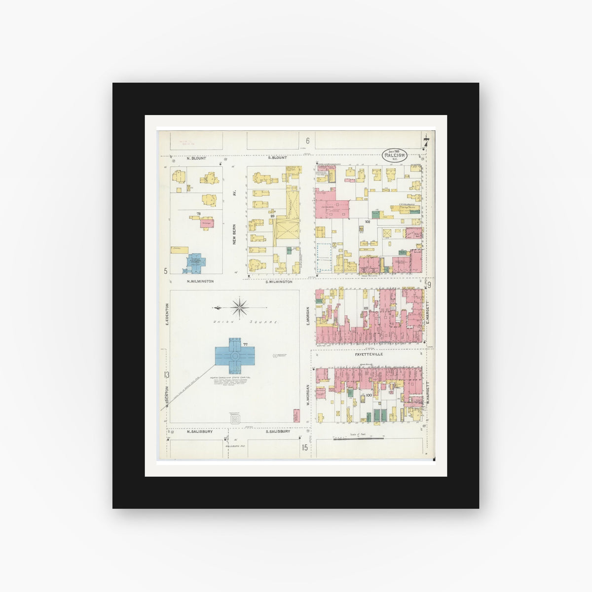 Old map wall art mockup — black gallery frame with white mat — Sanborn Fire Insurance Map from Raleigh, Wake County, North Carolina (1903), Sheet #0007