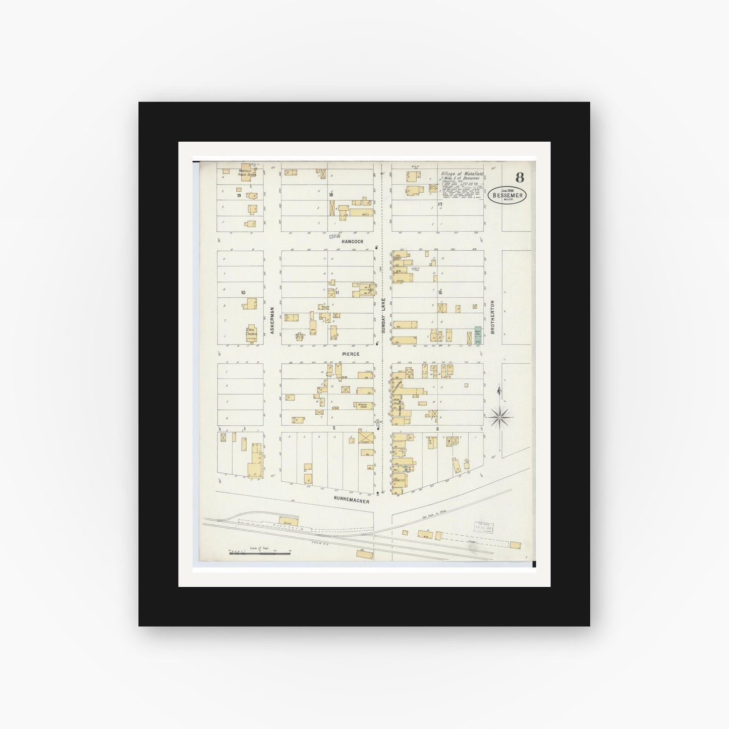 Old map wall art mockup — black gallery frame with white mat — Sanborn Fire Insurance Map from Bessemer, Gogebic County, Michigan (1898), Sheet #0008