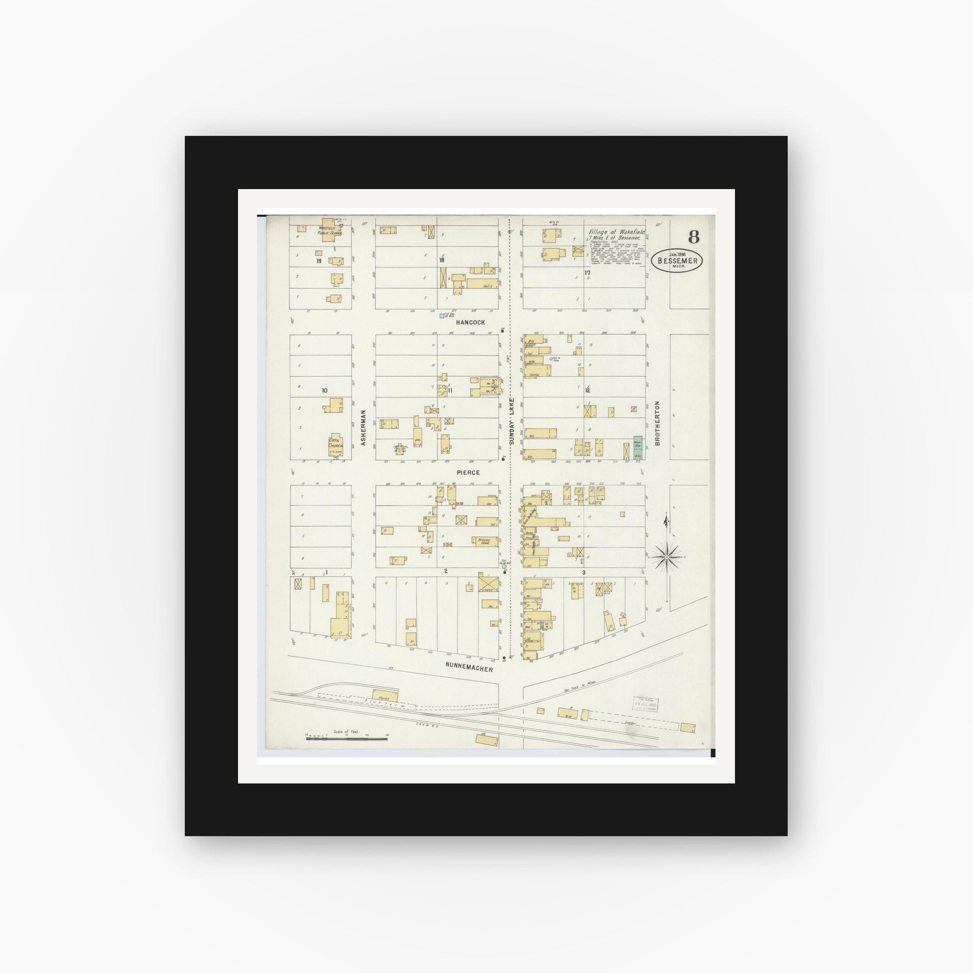 Old map wall art mockup — black gallery frame with white mat — Sanborn Fire Insurance Map from Bessemer, Gogebic County, Michigan (1898), Sheet #0008