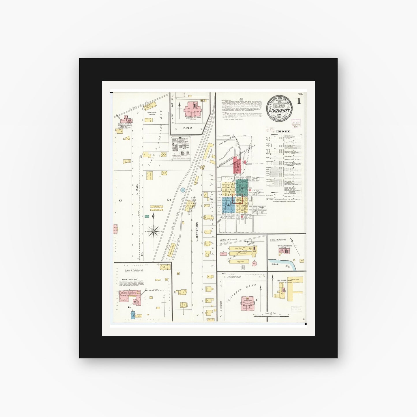 Old map wall art mockup — black gallery frame with white mat — Sanborn Fire Insurance Map from Sigourney, Kiokuk County, Iowa (1906) â€” Complete Set