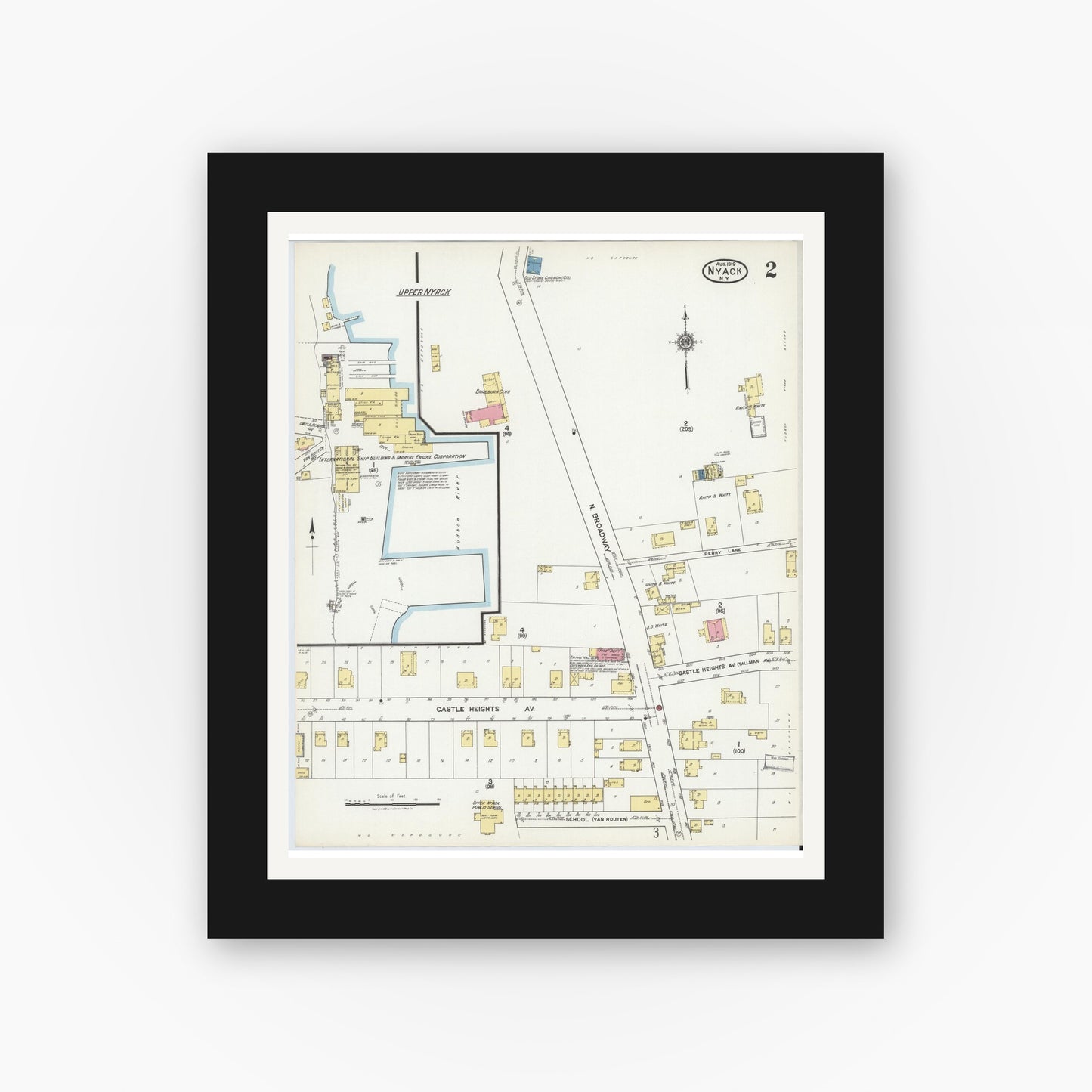 Old map wall art mockup — black gallery frame with white mat — Sanborn Fire Insurance Map from Nyack, Rockland County, New York. (1919), Sheet #0002