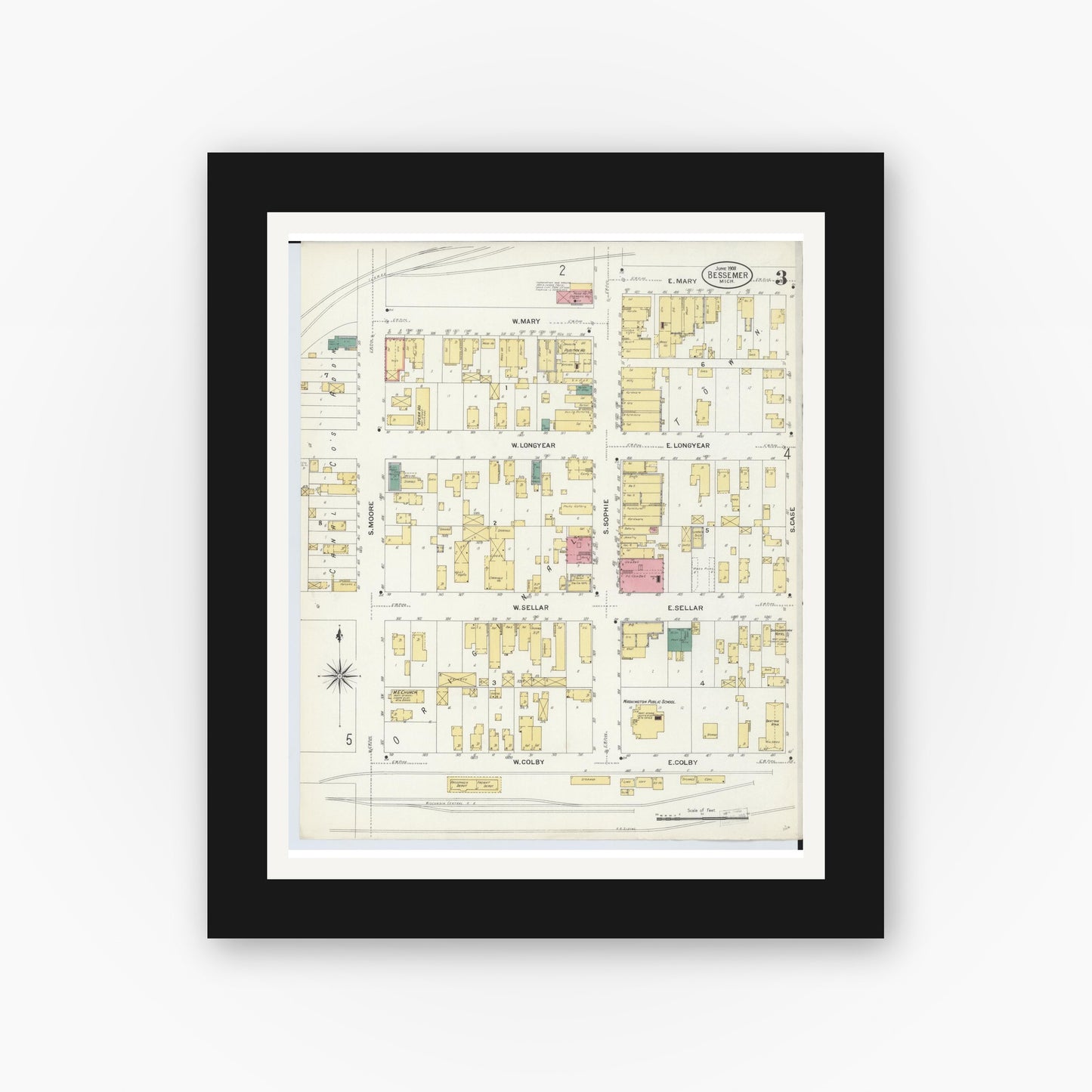 Old map wall art mockup — black gallery frame with white mat — Sanborn Fire Insurance Map from Bessemer, Gogebic County, Michigan (1908), Sheet #0003
