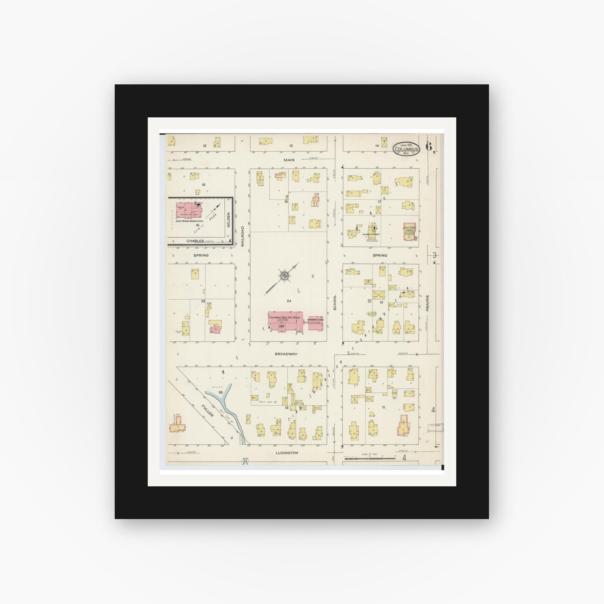 Old map wall art mockup — black gallery frame with white mat — Sanborn Fire Insurance Map from Columbus, Columbia and Dodge County, Wisconsin (1915), Sheet #0006