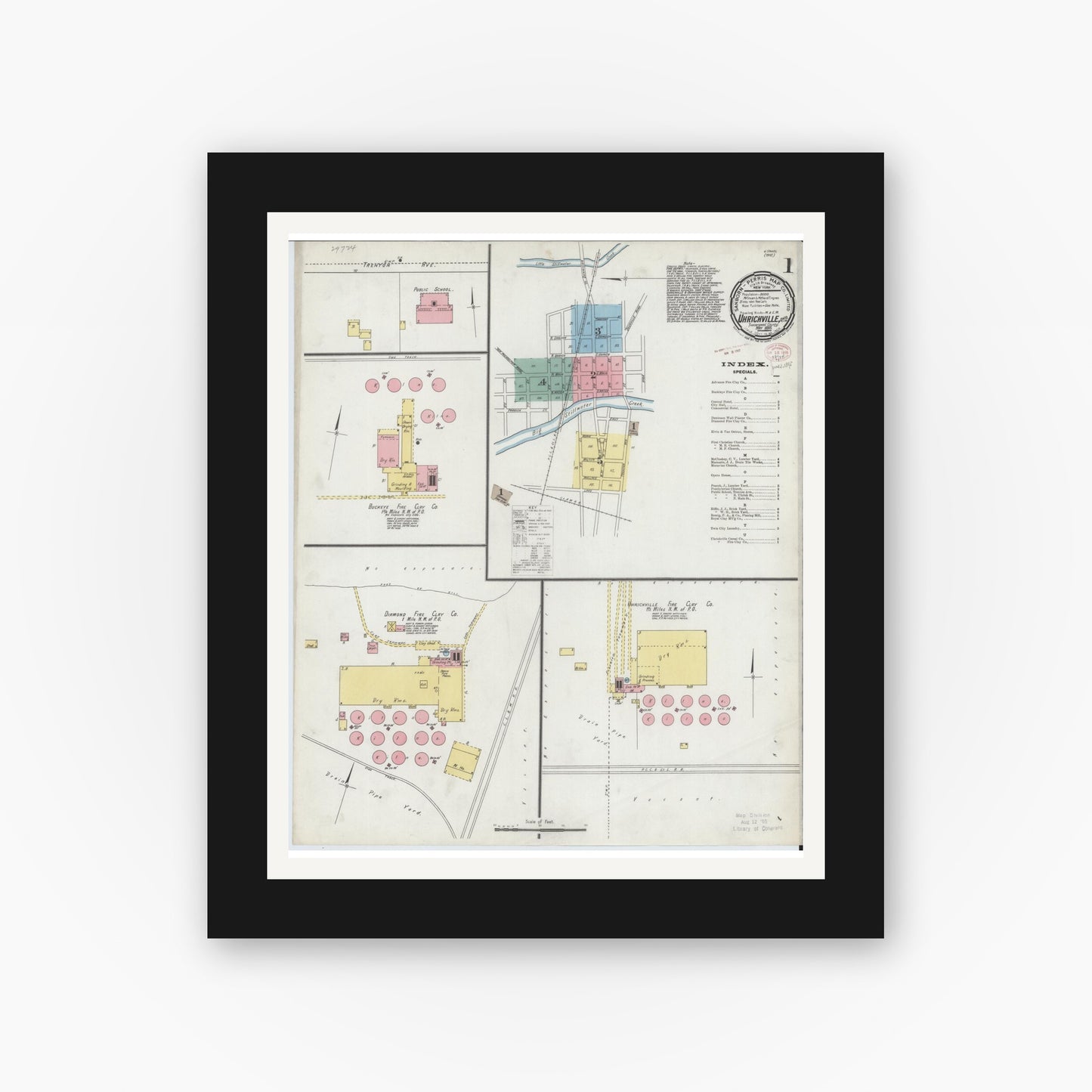 Old map wall art mockup — black gallery frame with white mat — Sanborn Fire Insurance Map from Uhrichsville, Tuscarawas County, Ohio (1895), Sheet #0001