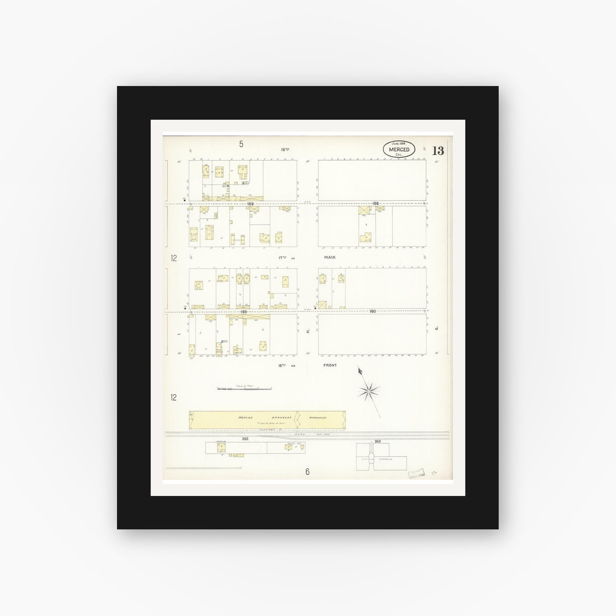 Old map wall art mockup — black gallery frame with white mat — Sanborn Fire Insurance Map from Merced, Merced County, California (1898), Sheet #0013