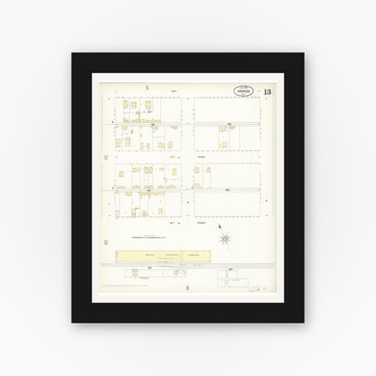 Old map wall art mockup — black gallery frame with white mat — Sanborn Fire Insurance Map from Merced, Merced County, California (1898), Sheet #0013