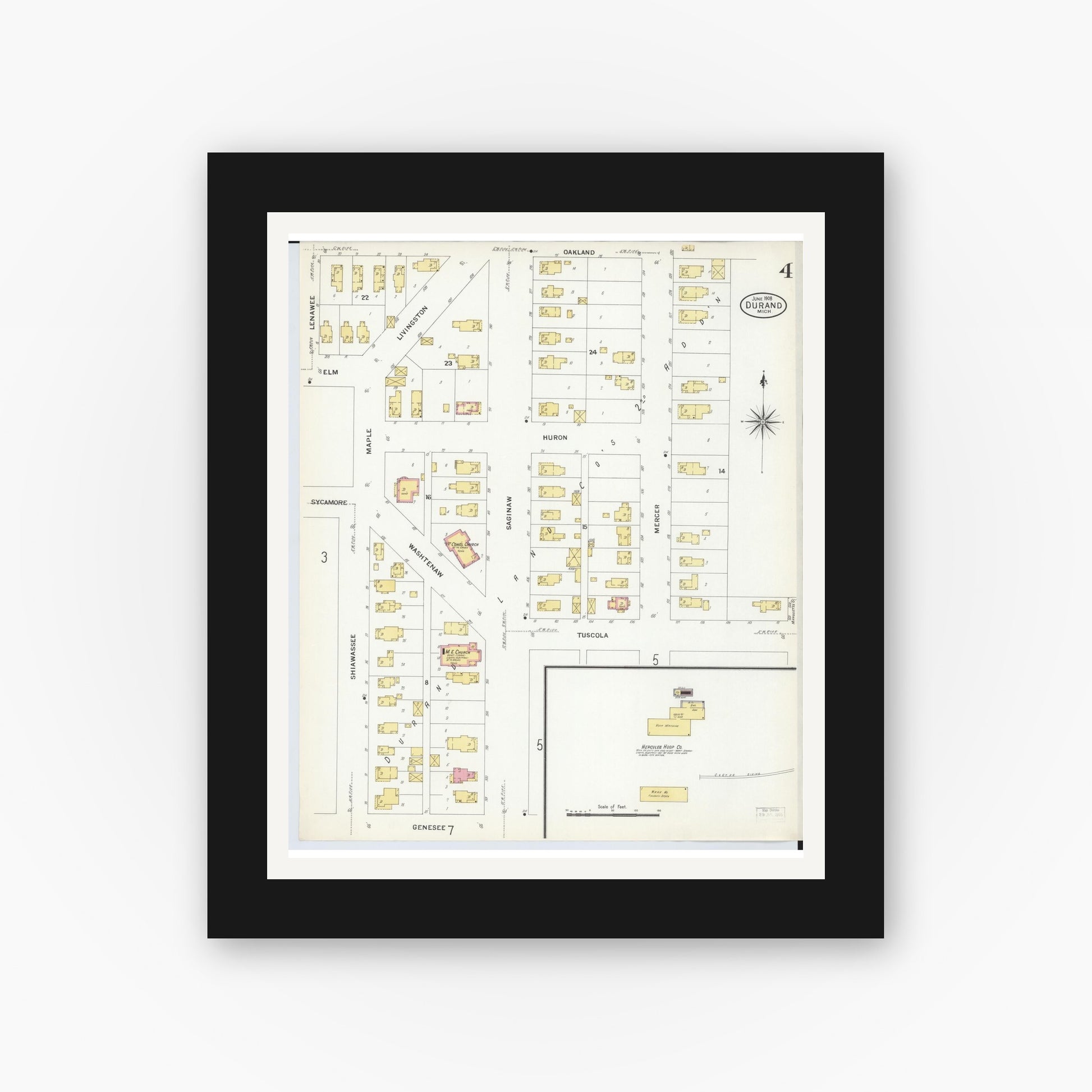 Old map wall art mockup — black gallery frame with white mat — Sanborn Fire Insurance Map from Durand, Shiawassee County, Michigan (1908), Sheet #0004