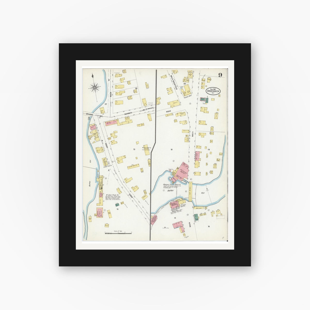 Old map wall art mockup — black gallery frame with white mat — Sanborn Fire Insurance Map from Greenwich, Washington County, New York (1907), Sheet #0009