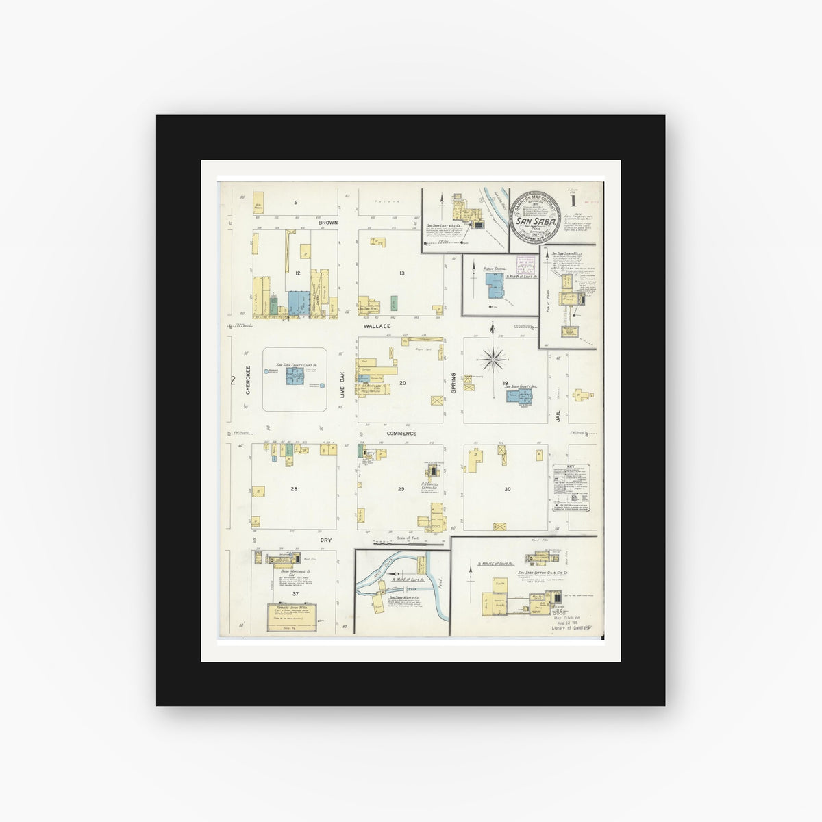 Old map wall art mockup — black gallery frame with white mat — Sanborn Fire Insurance Map from San Saba, San Saba County, Texas (1907), Sheet #0001