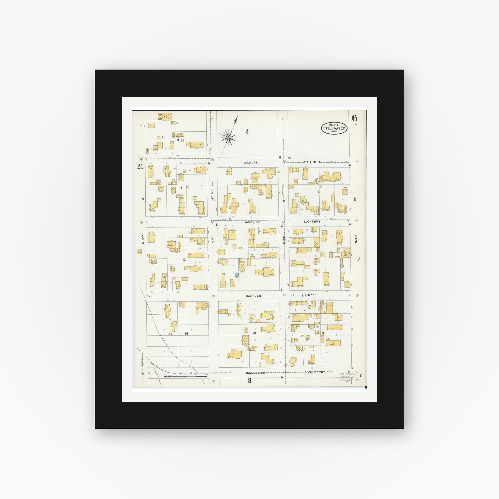 Old map wall art mockup — black gallery frame with white mat — Sanborn Fire Insurance Map from Stillwater, Washington County, Minnesota (1904), Sheet #0006