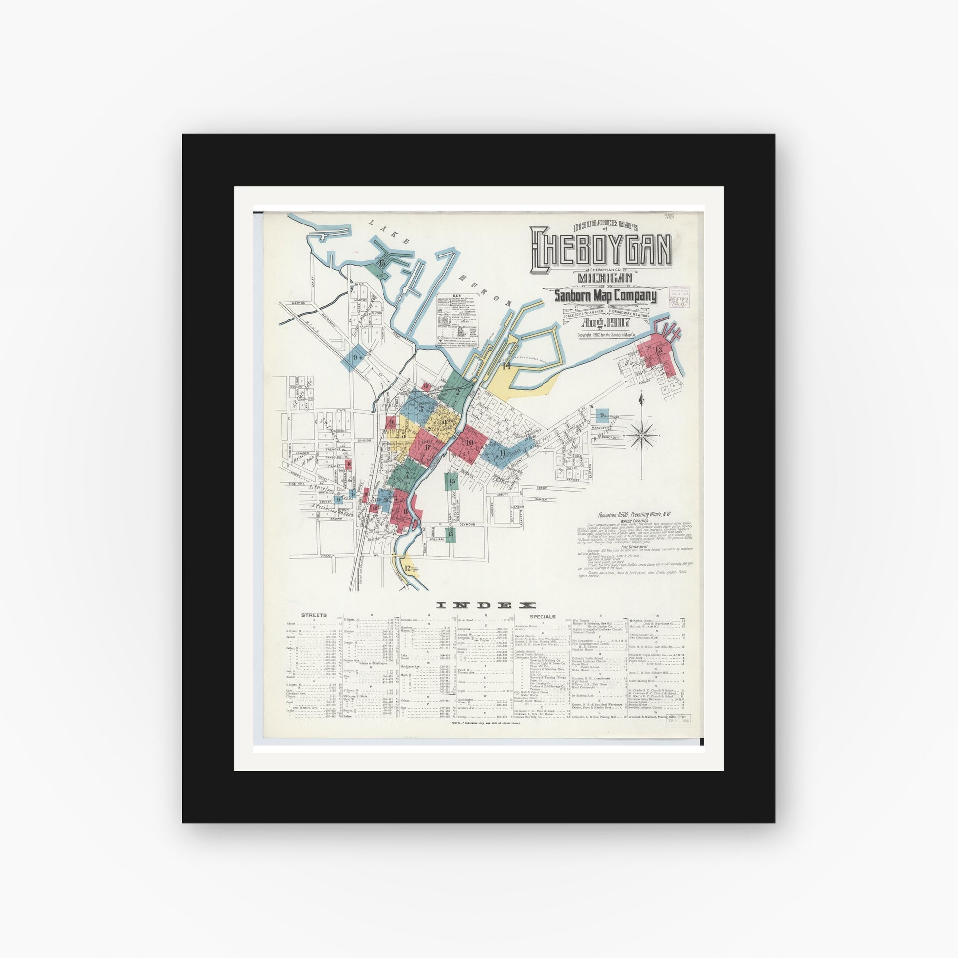 Old map wall art mockup — black gallery frame with white mat — Sanborn Fire Insurance Map from Cheboygan, Cheboygan County, Michigan (1907), Sheet #0001