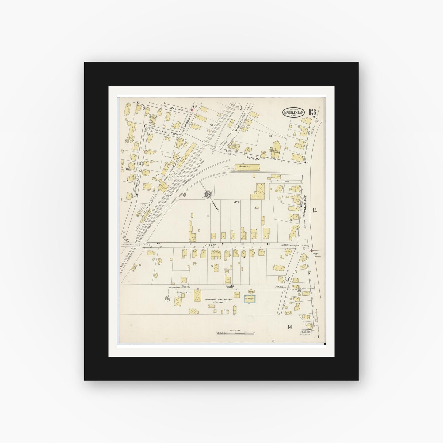 Old map wall art mockup — black gallery frame with white mat — Sanborn Fire Insurance Map from Marblehead, Essex County, Massachusetts (1915), Sheet #0013