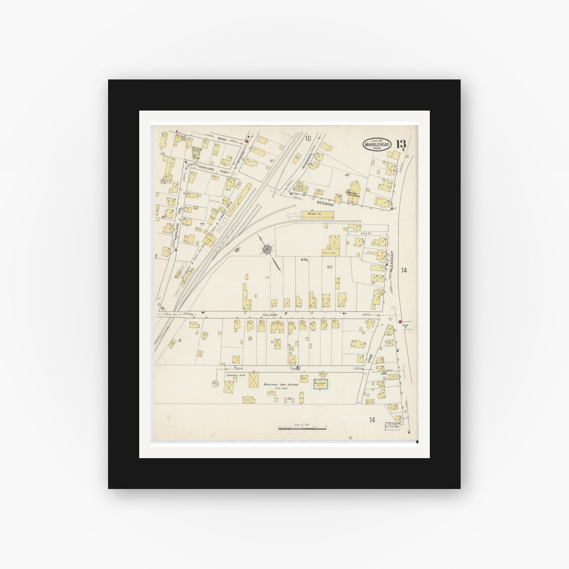 Old map wall art mockup — black gallery frame with white mat — Sanborn Fire Insurance Map from Marblehead, Essex County, Massachusetts (1915), Sheet #0013