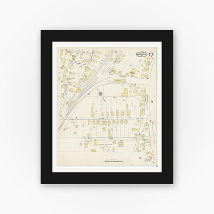 Old map wall art mockup — black gallery frame with white mat — Sanborn Fire Insurance Map from Marblehead, Essex County, Massachusetts (1915), Sheet #0013