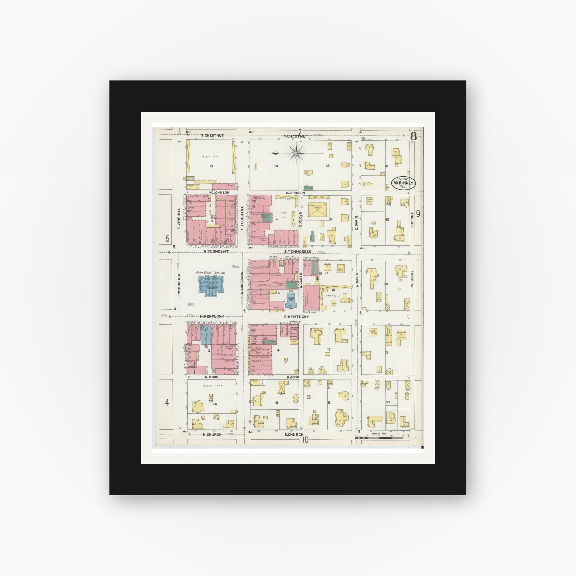 Old map wall art mockup — black gallery frame with white mat — Sanborn Fire Insurance Map from McKinney, Collin County, Texas (1902), Sheet #0008