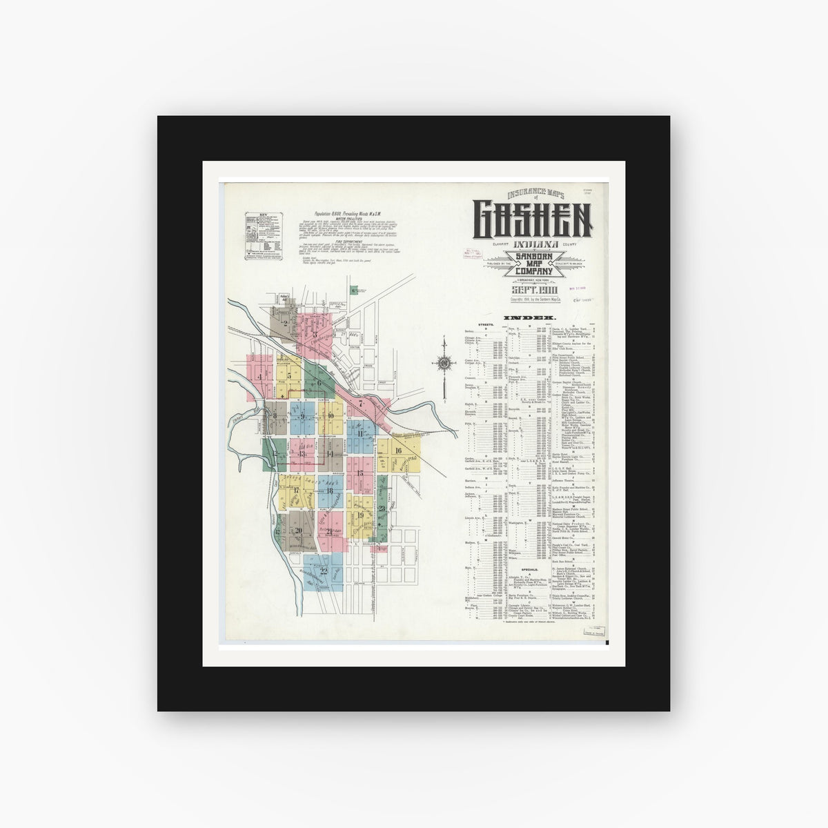 Old map wall art mockup — black gallery frame with white mat — Sanborn Fire Insurance Map from Goshen, Elkhart County, Indiana (1910) - Complete Map Set