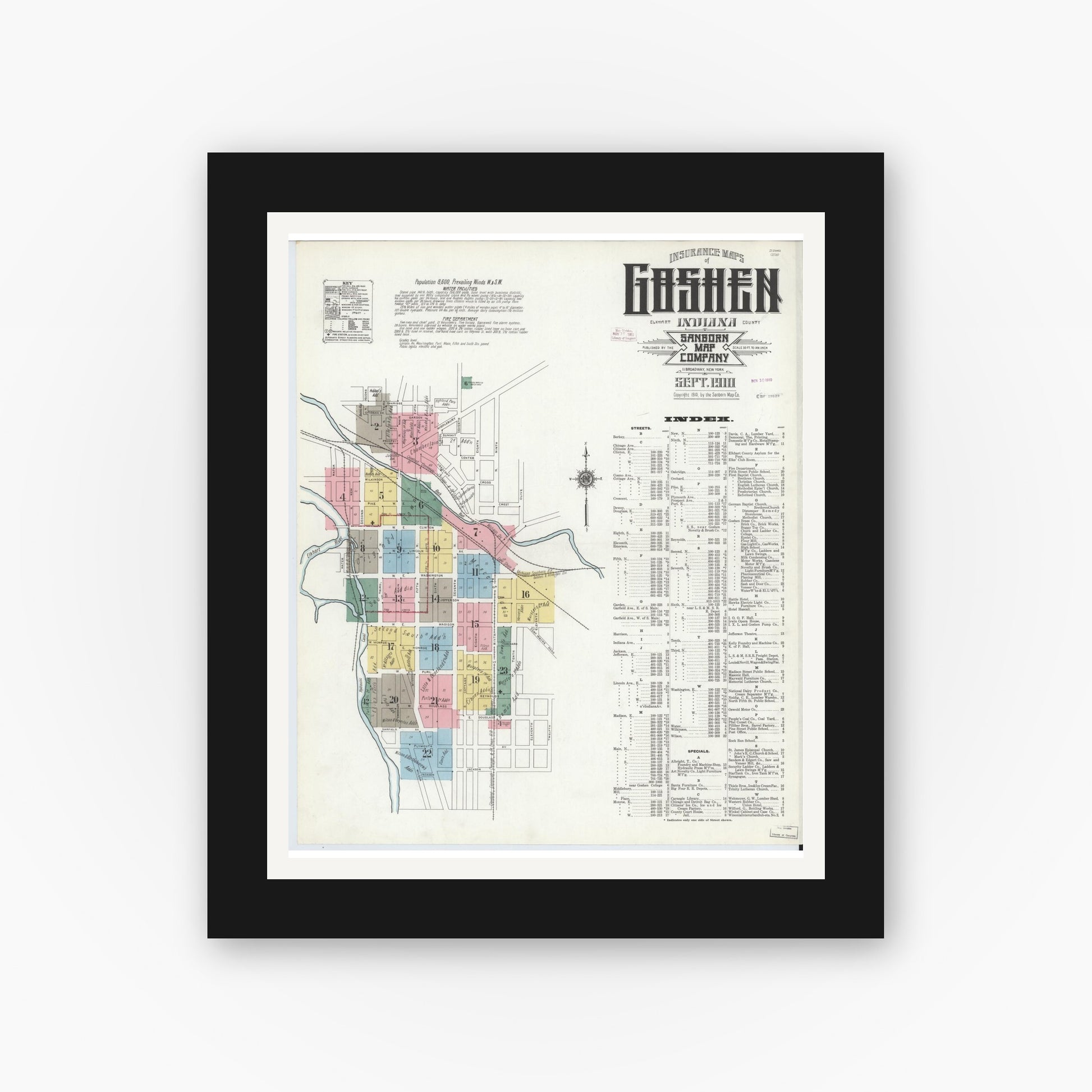 Old map wall art mockup — black gallery frame with white mat — Sanborn Fire Insurance Map from Goshen, Elkhart County, Indiana (1910) - Complete Map Set