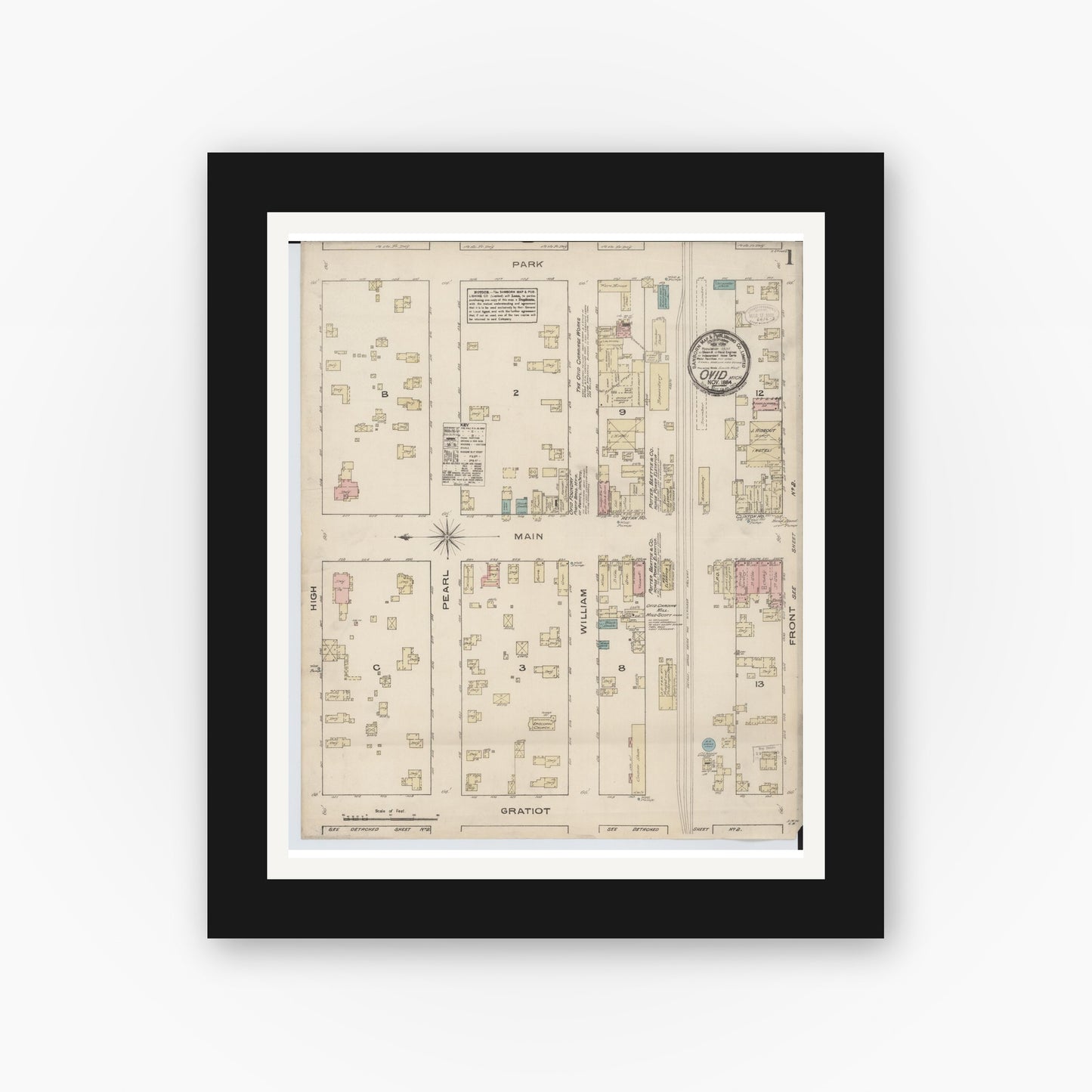 Old map wall art mockup — black gallery frame with white mat — Sanborn Fire Insurance Map from Ovid, Clinton County, Michigan (1884) - Complete Map Set