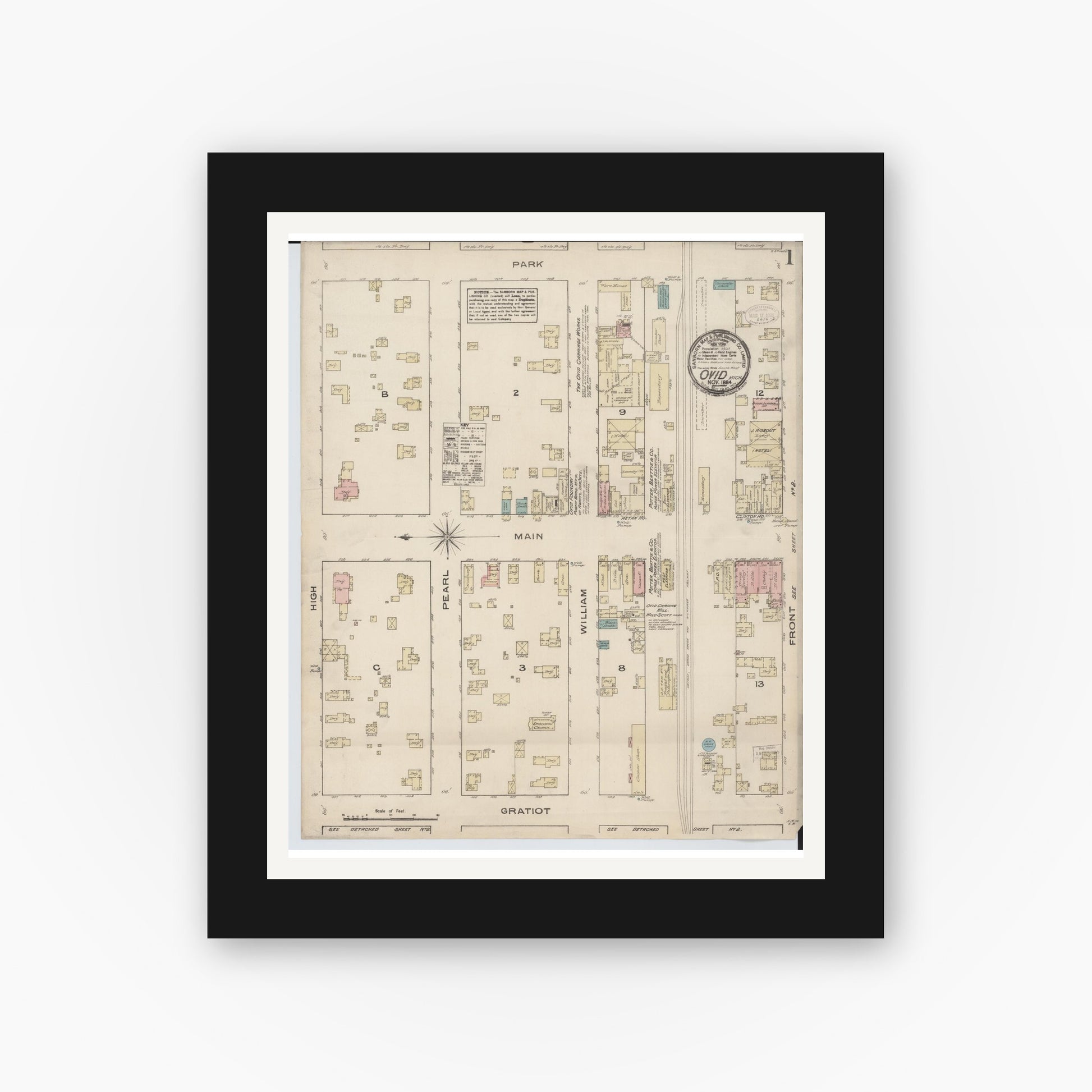 Old map wall art mockup — black gallery frame with white mat — Sanborn Fire Insurance Map from Ovid, Clinton County, Michigan (1884) - Complete Map Set