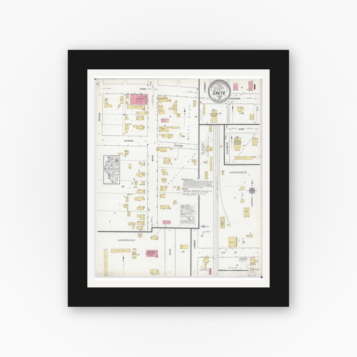 Old map wall art mockup — black gallery frame with white mat — Sanborn Fire Insurance Map from Crete, Will County, Illinois (1916), Sheet #0001