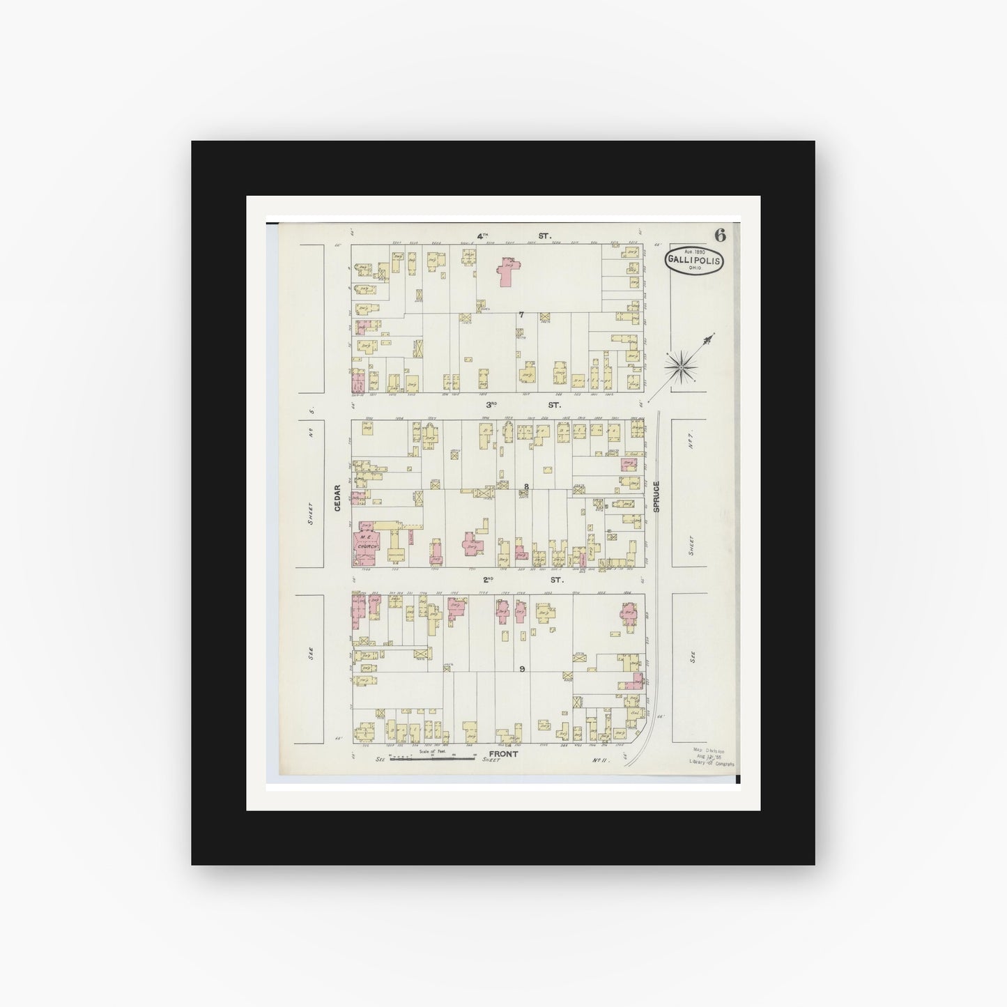 Old map wall art mockup — black gallery frame with white mat — Sanborn Fire Insurance Map from Gallipolis, Gallia County, Ohio (1890), Sheet #0006