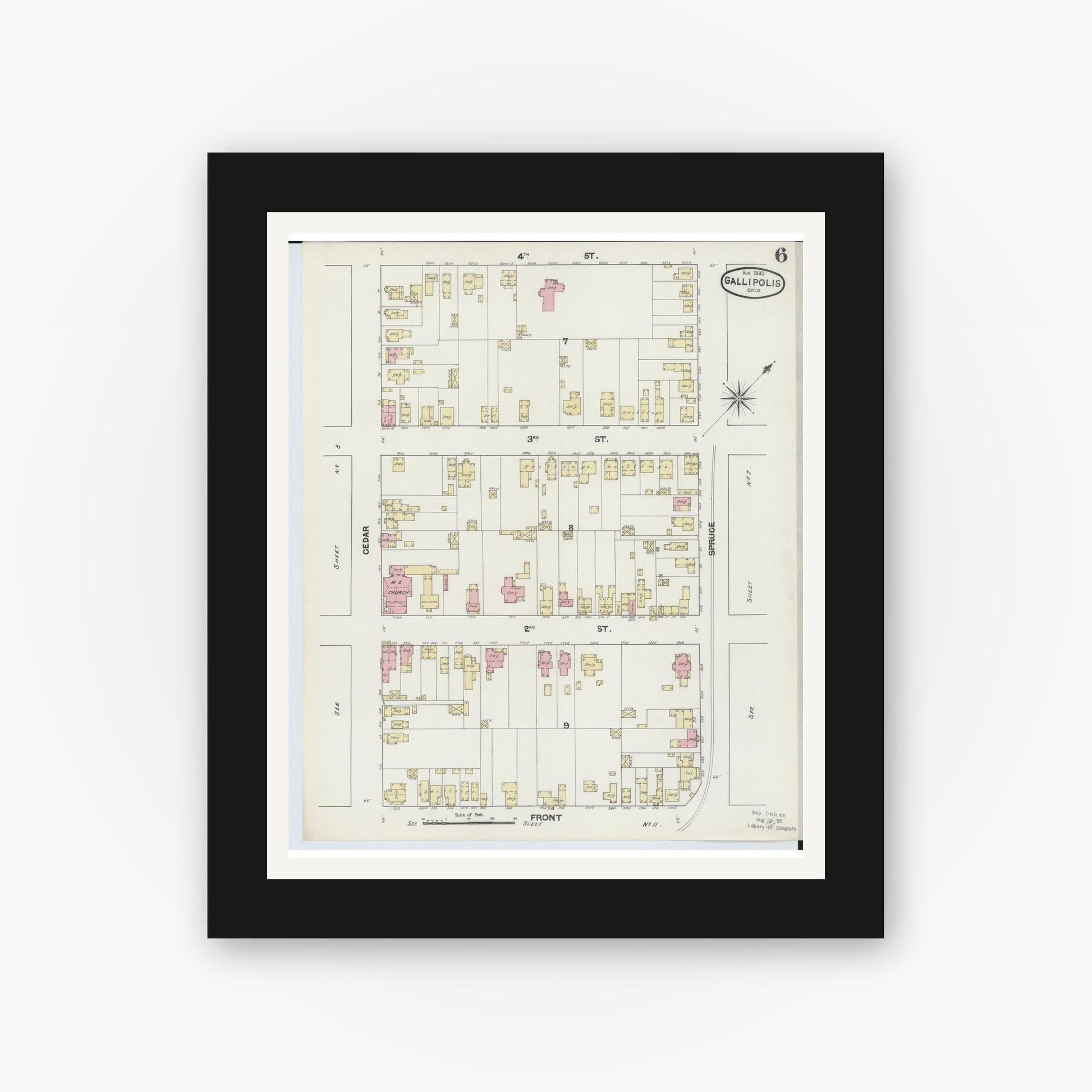 Old map wall art mockup — black gallery frame with white mat — Sanborn Fire Insurance Map from Gallipolis, Gallia County, Ohio (1890), Sheet #0006