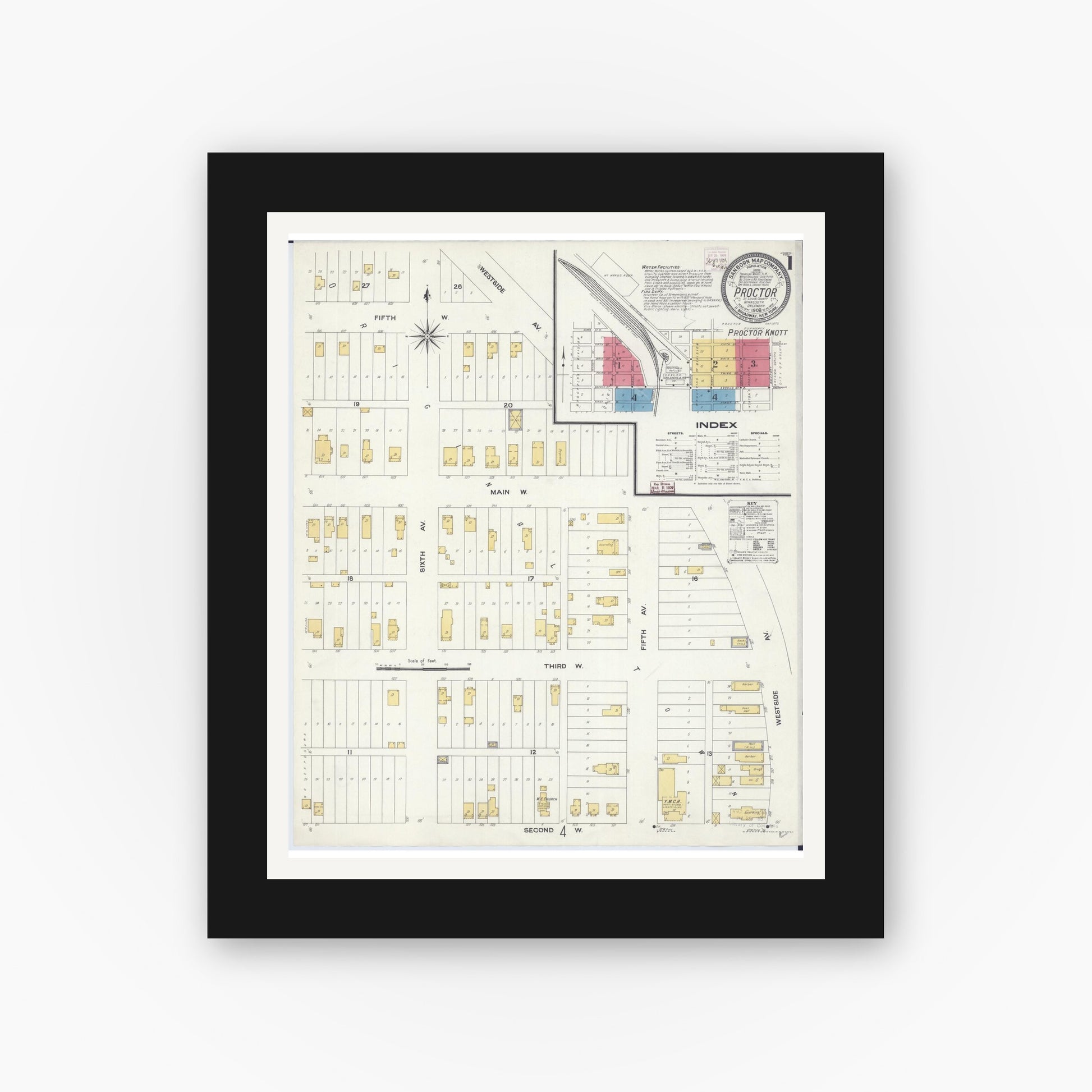 Old map wall art mockup — black gallery frame with white mat — Sanborn Fire Insurance Map from Proctor, Saint Louis County, Minnesota (1908), Sheet #0001
