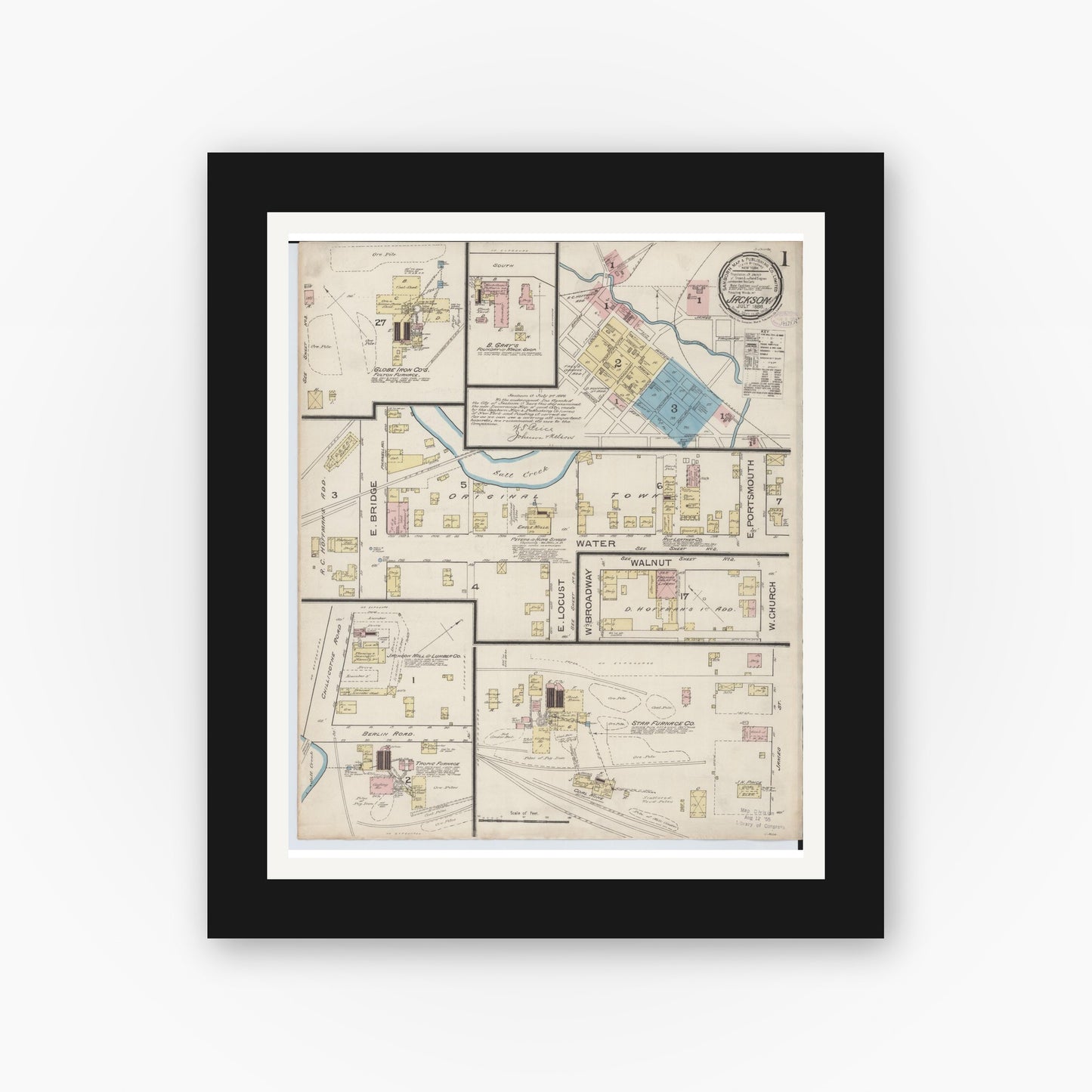 Old map wall art mockup — black gallery frame with white mat — Sanborn Fire Insurance Map from Jackson, Jackson County, Ohio (1886), Sheet #0001