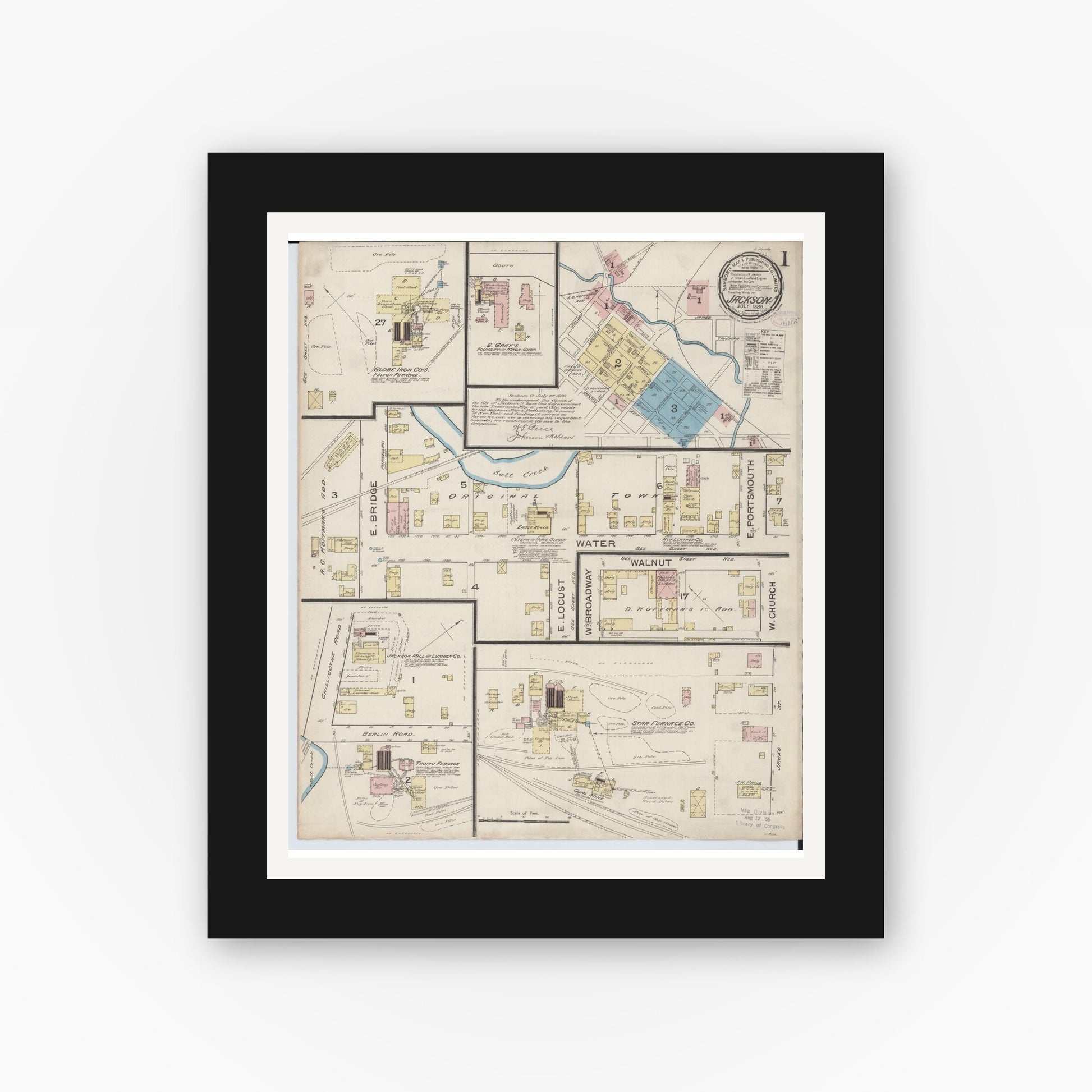 Old map wall art mockup — black gallery frame with white mat — Sanborn Fire Insurance Map from Jackson, Jackson County, Ohio (1886), Sheet #0001
