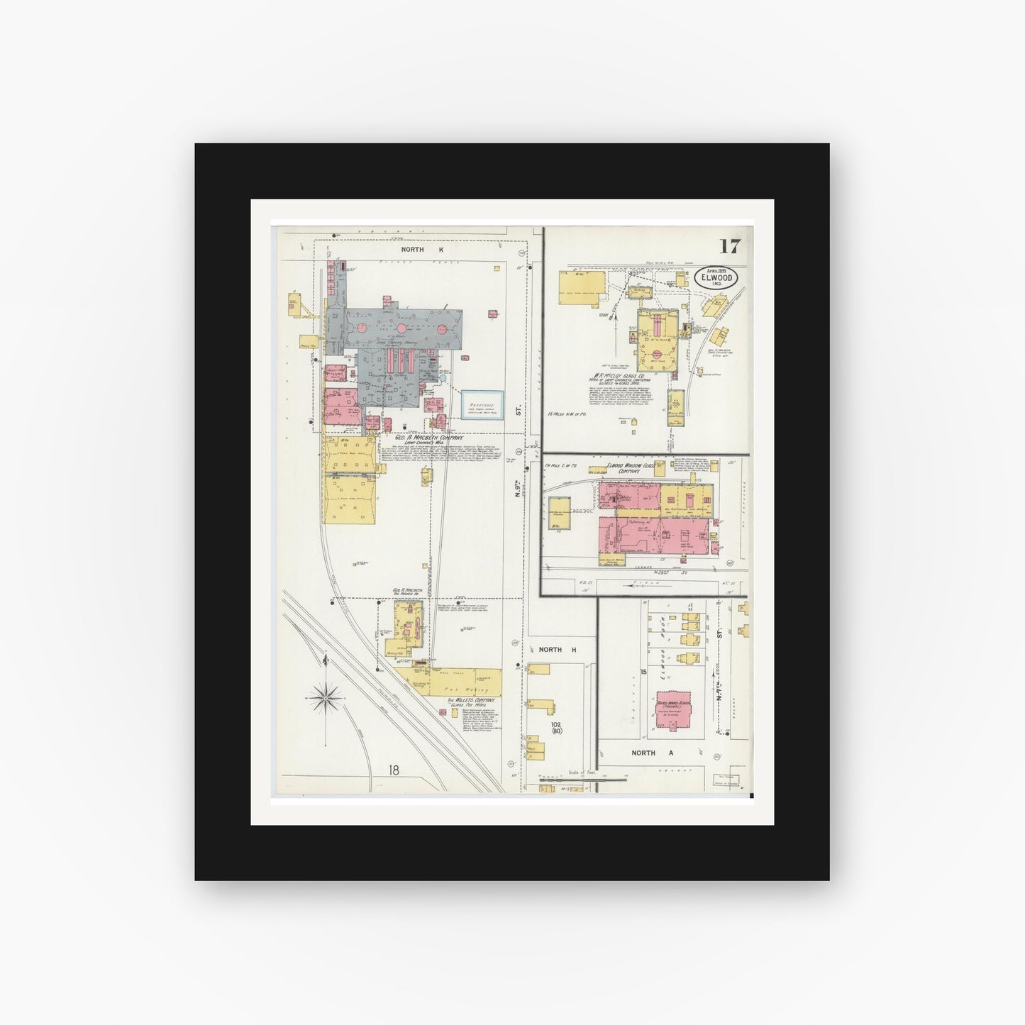 Old map wall art mockup — black gallery frame with white mat — Sanborn Fire Insurance Map from Elwood, Madison County, Indiana (1899), Sheet #0017