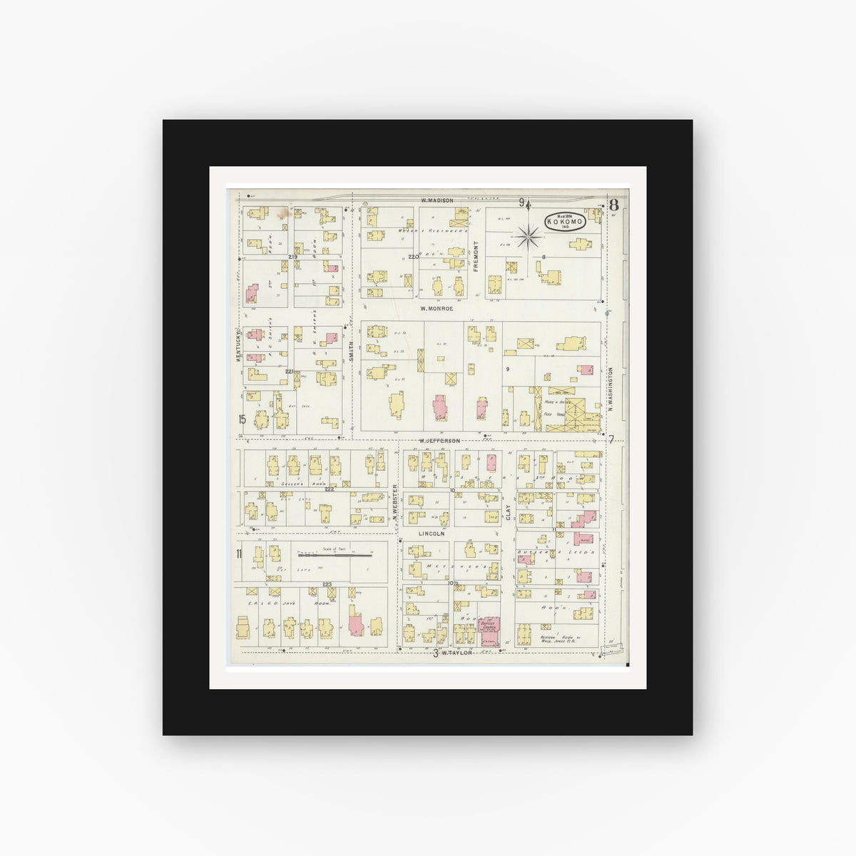 Old map wall art mockup — black gallery frame with white mat — Sanborn Fire Insurance Map from Kokomo, Howard County, Indiana (1896), Sheet #0008