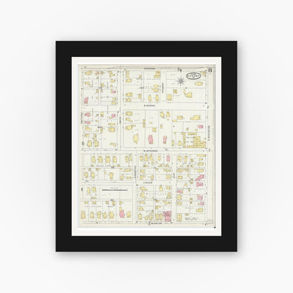 Old map wall art mockup — black gallery frame with white mat — Sanborn Fire Insurance Map from Kokomo, Howard County, Indiana (1896), Sheet #0008